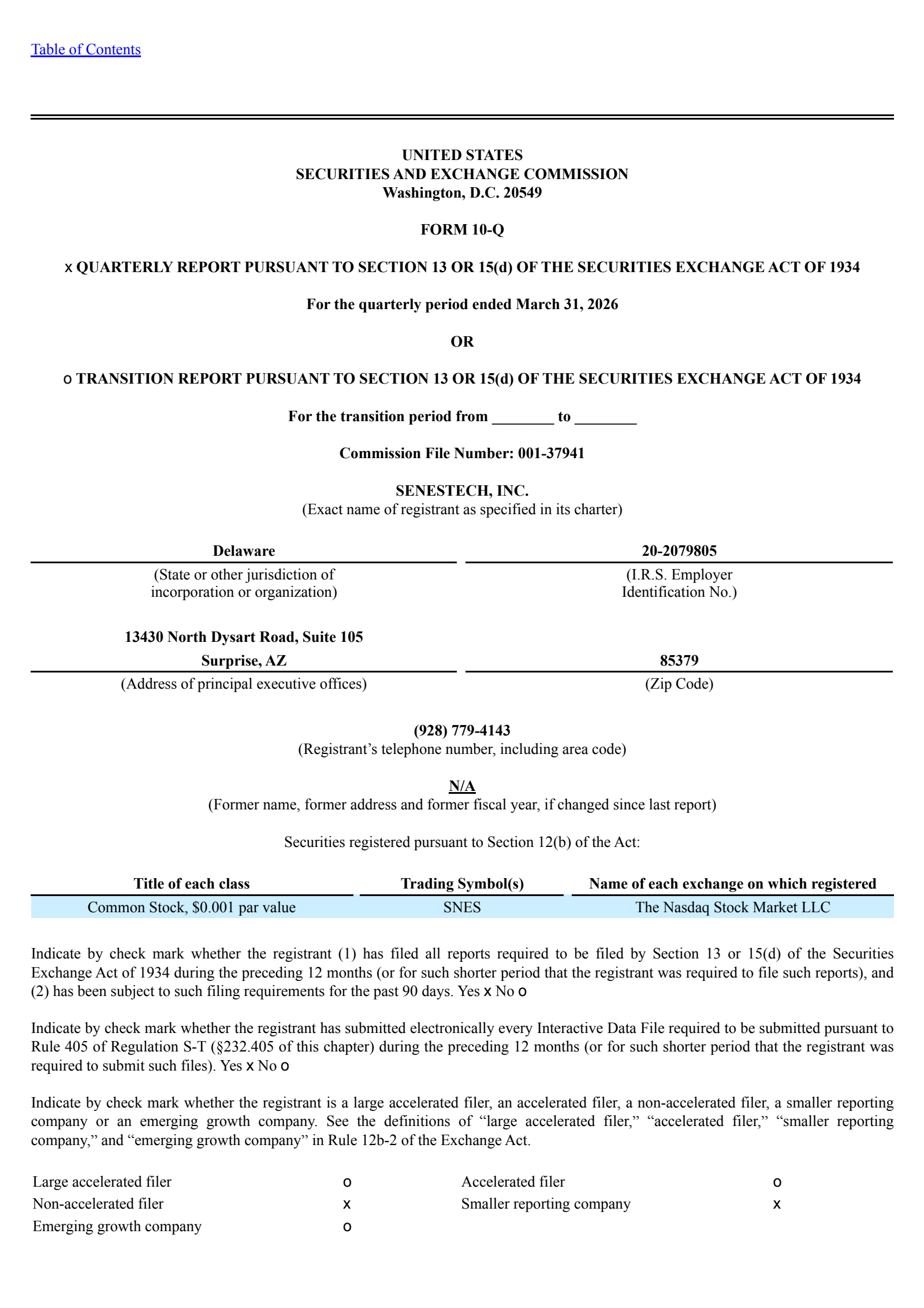 Senestech's Q1 2026 Quarterly report