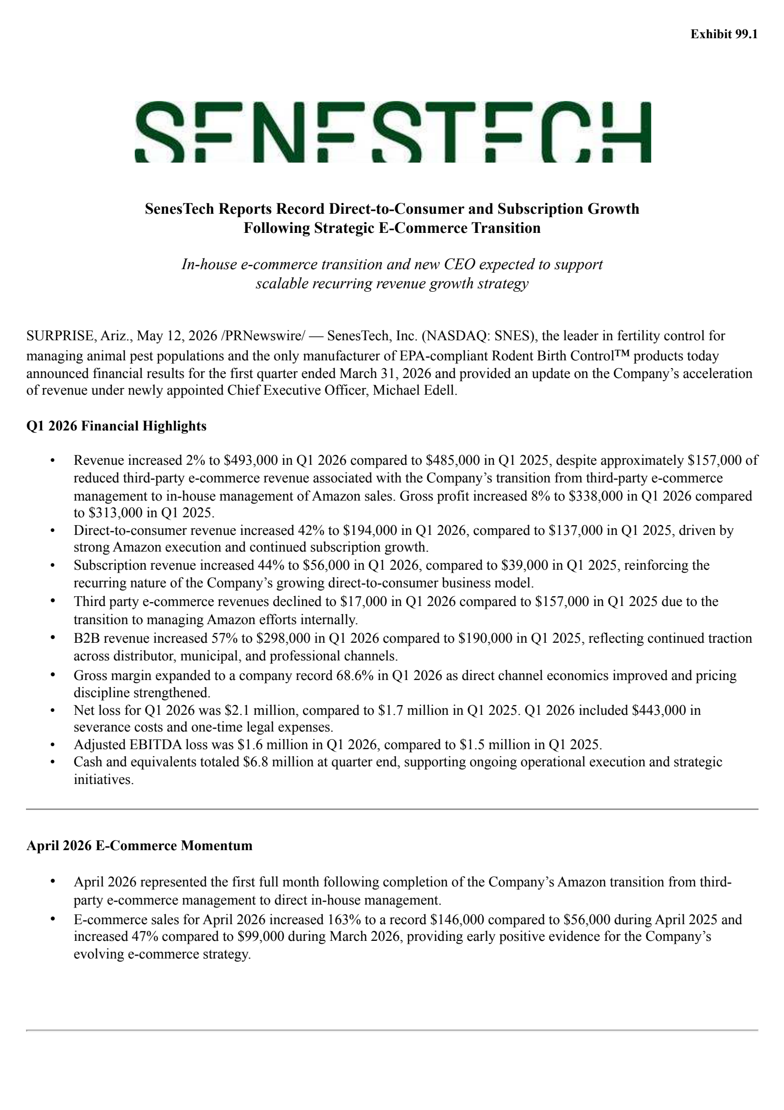 Senestech's Q1 2026 Press Release