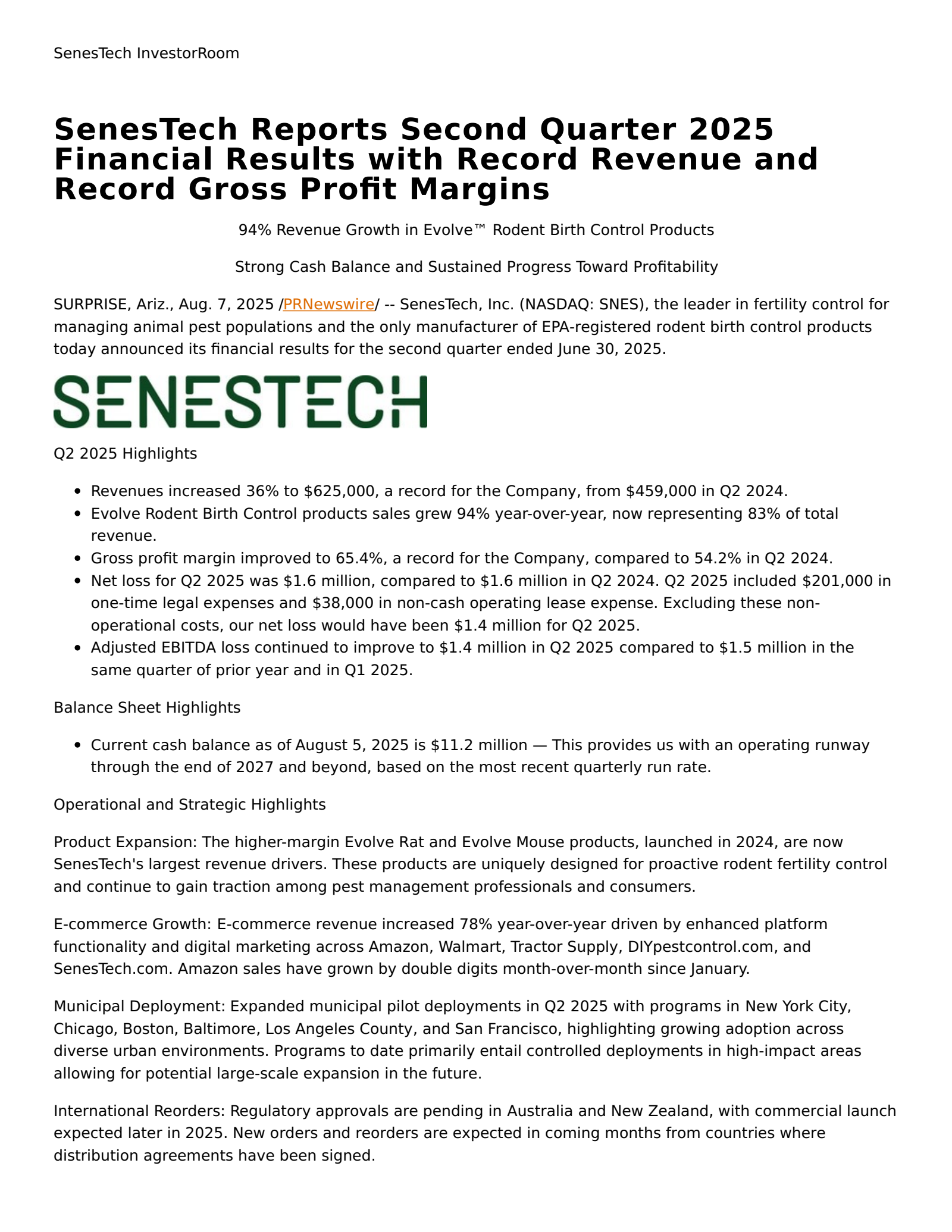 Senestech's Q2 2025 Press Release