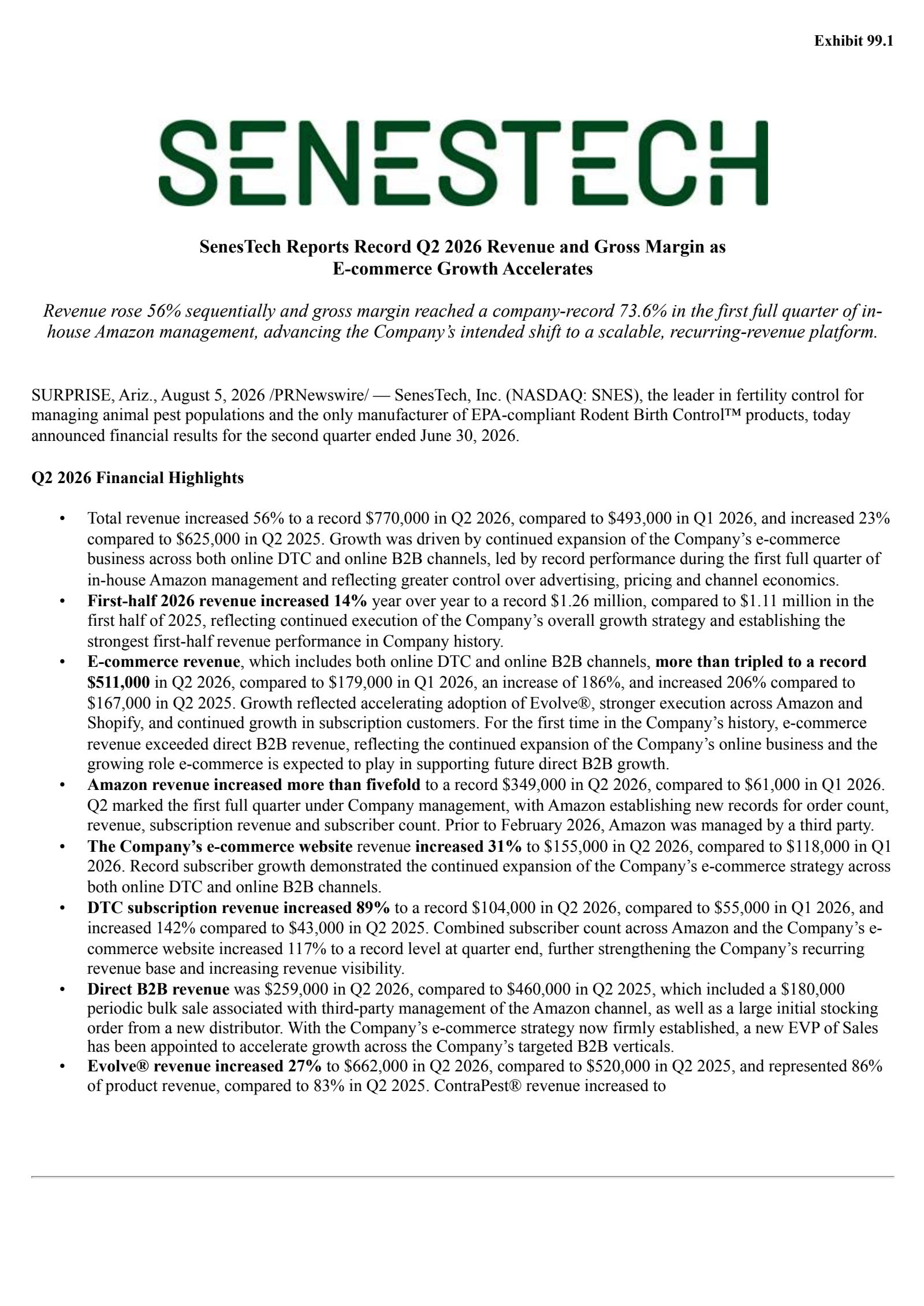 Senestech's Q2 2026 Press Release