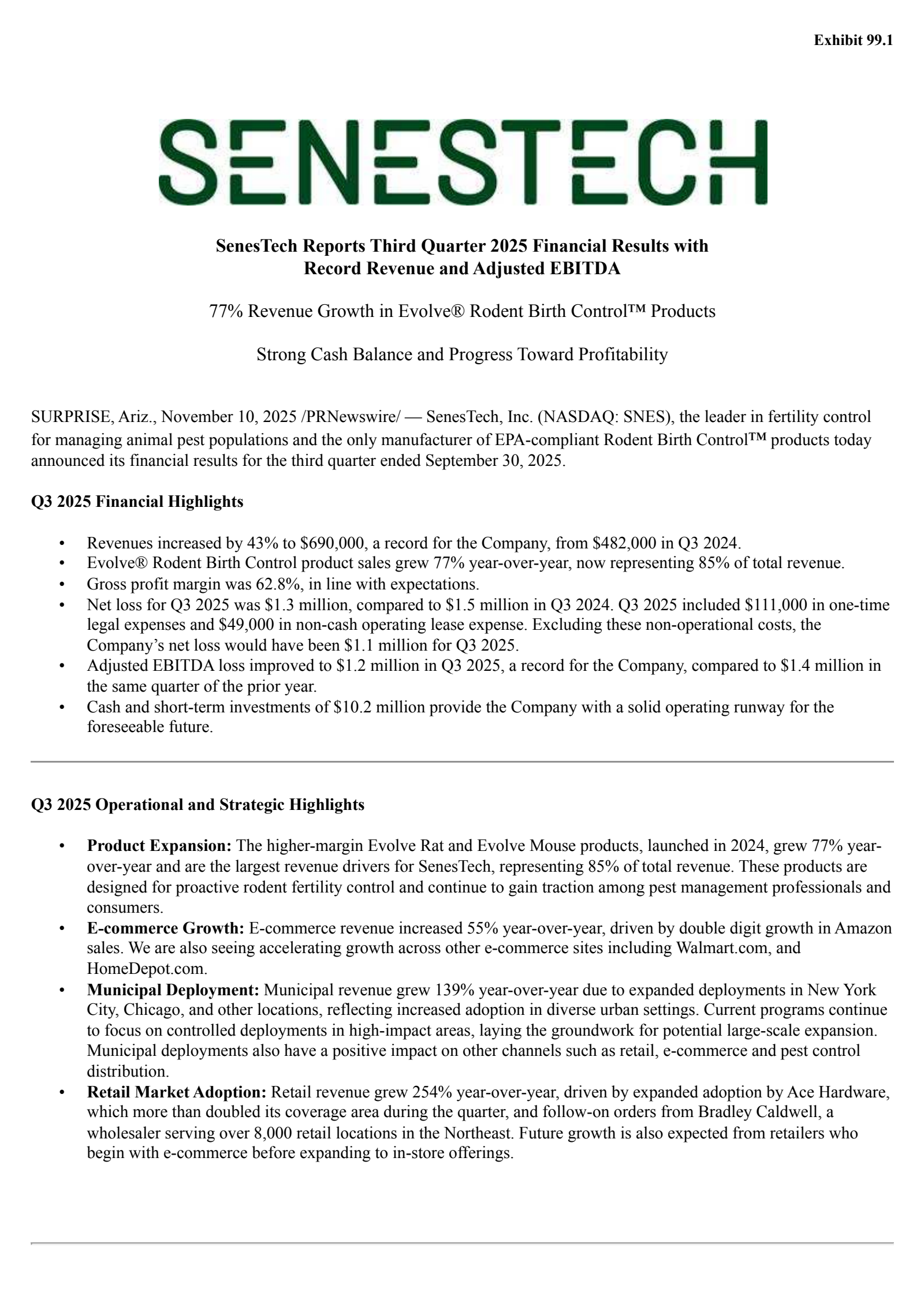 Senestech's Q3 2025 Earnings Release