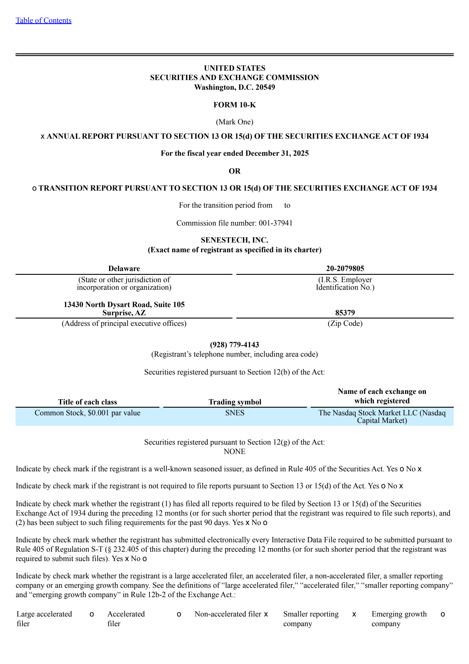 Senestech's Q4 2025 Annual report
