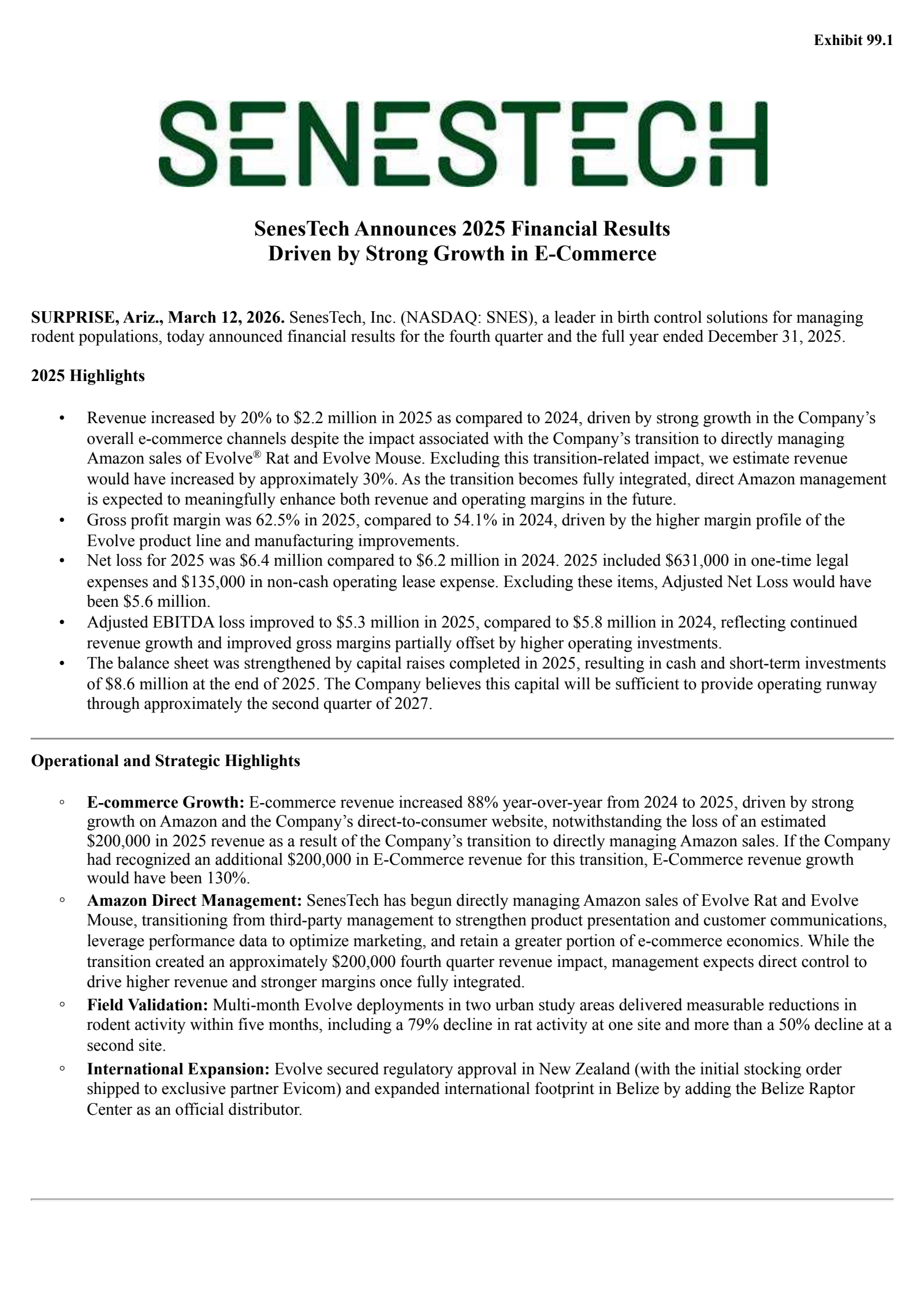 Senestech's Q4 2025 Press Release