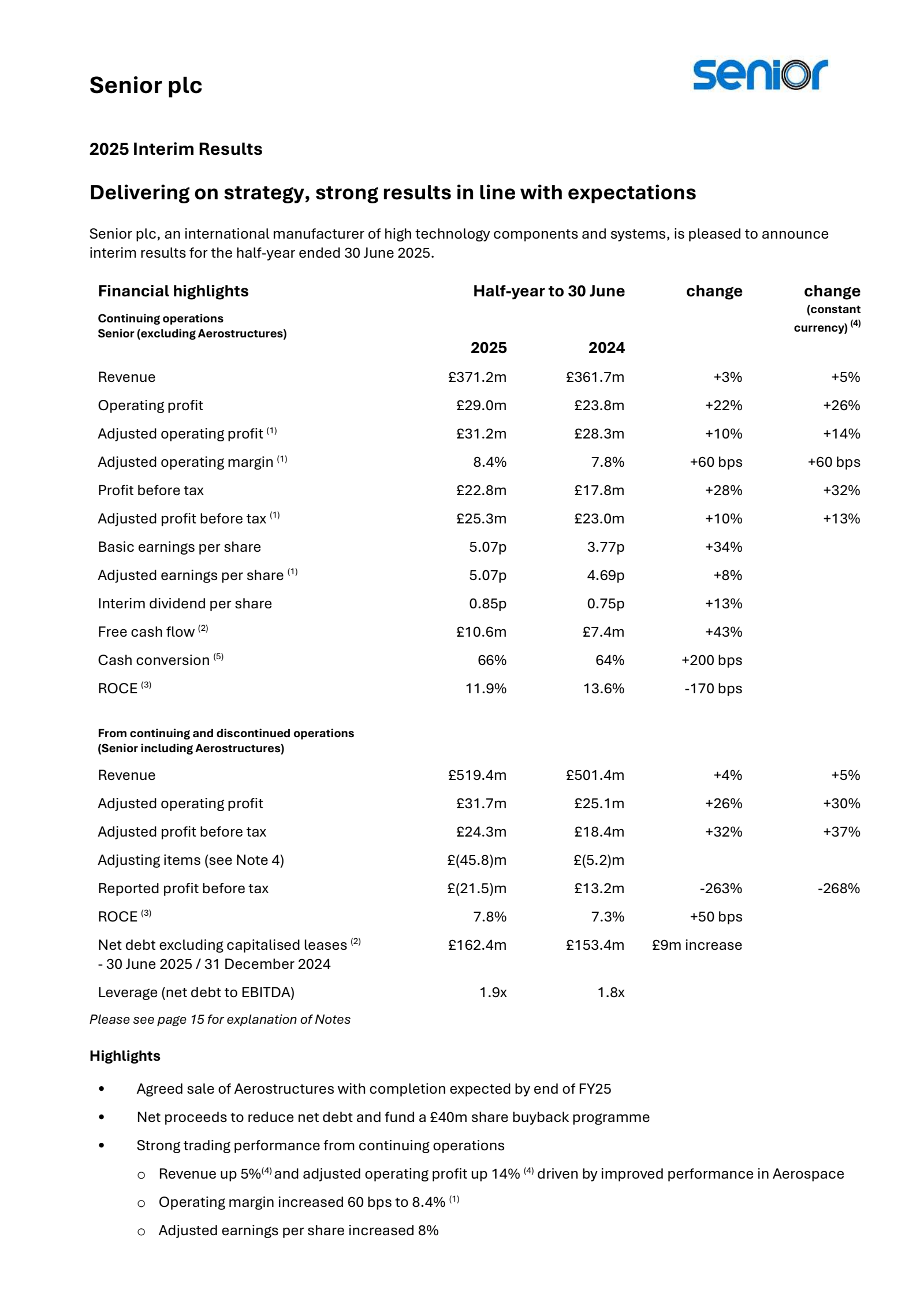 Senior's H1 2025 Interim report