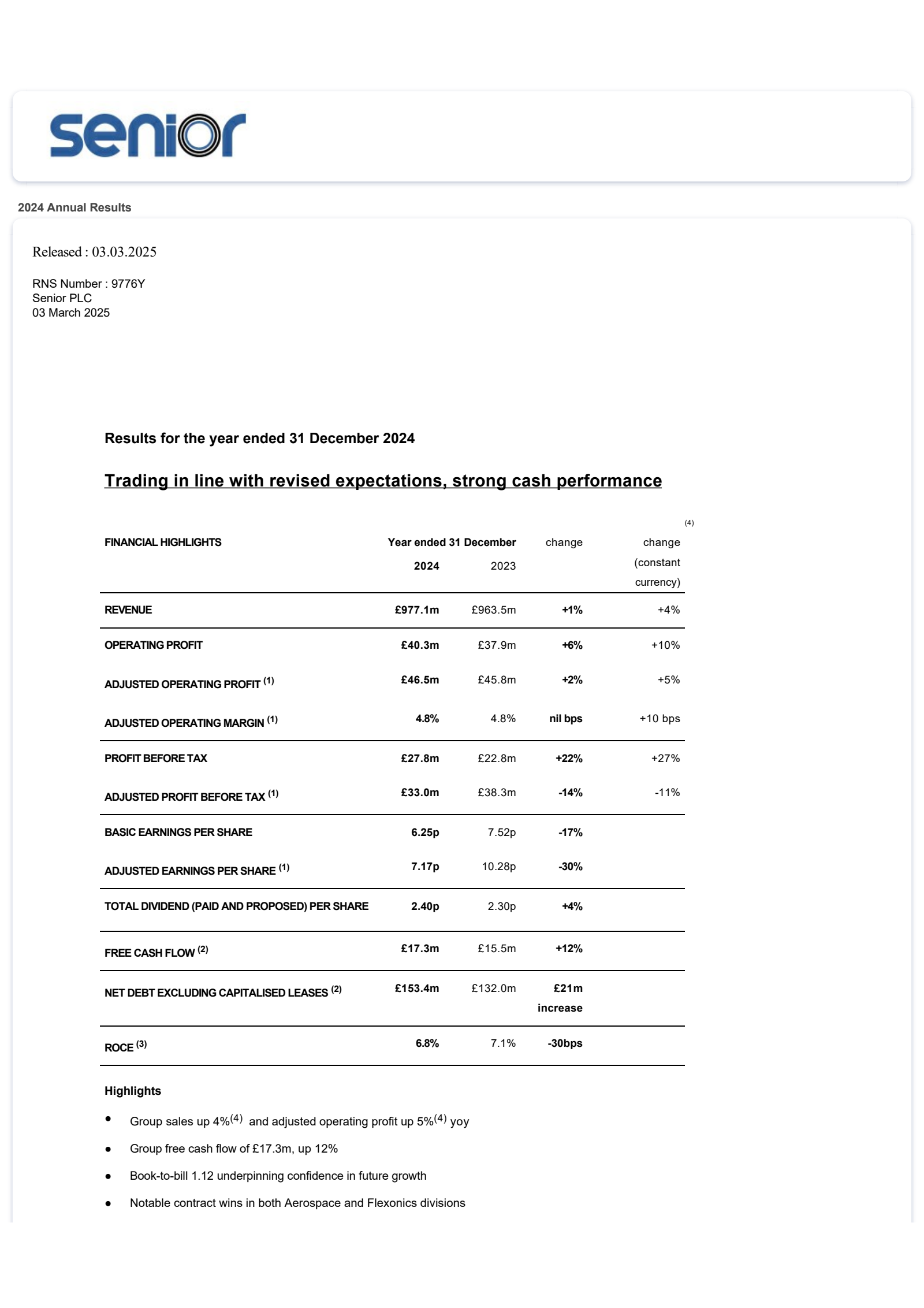 Senior's H2 2024 Interim report