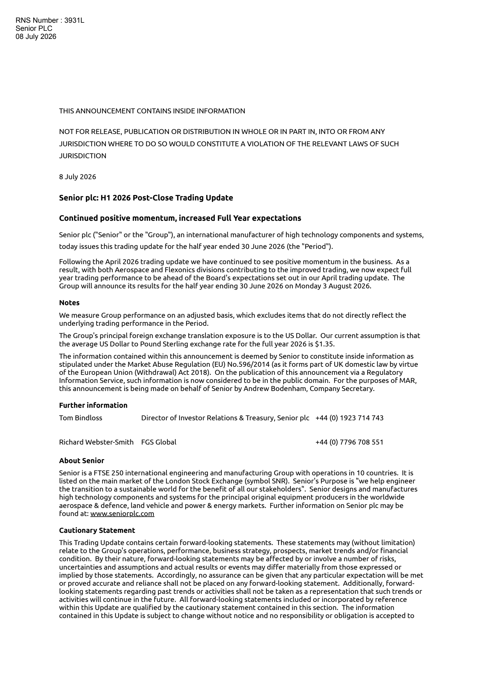Senior's Q2 2026 TU Press Release