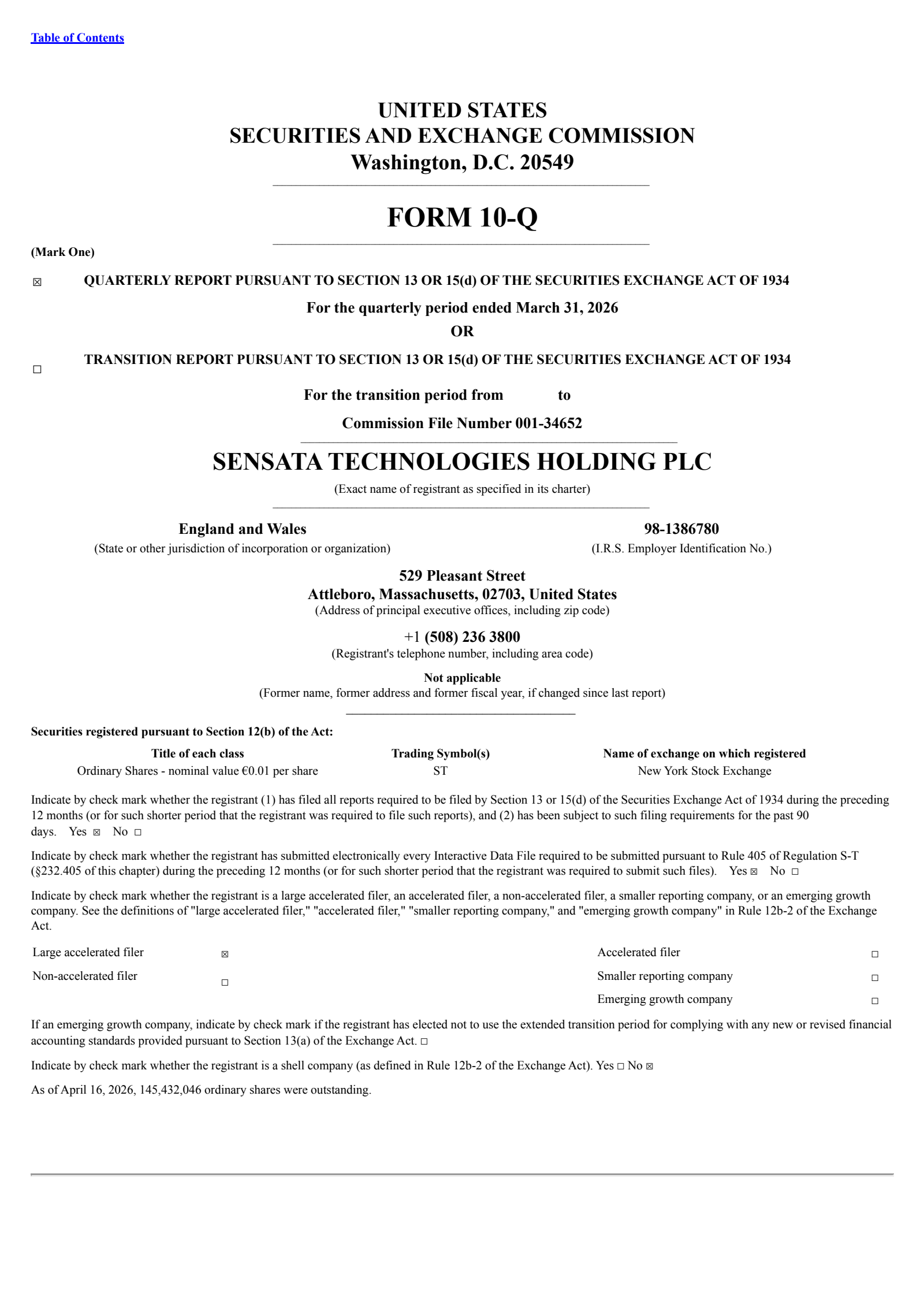 Sensata Technologies' Q1 2026 Quarterly report