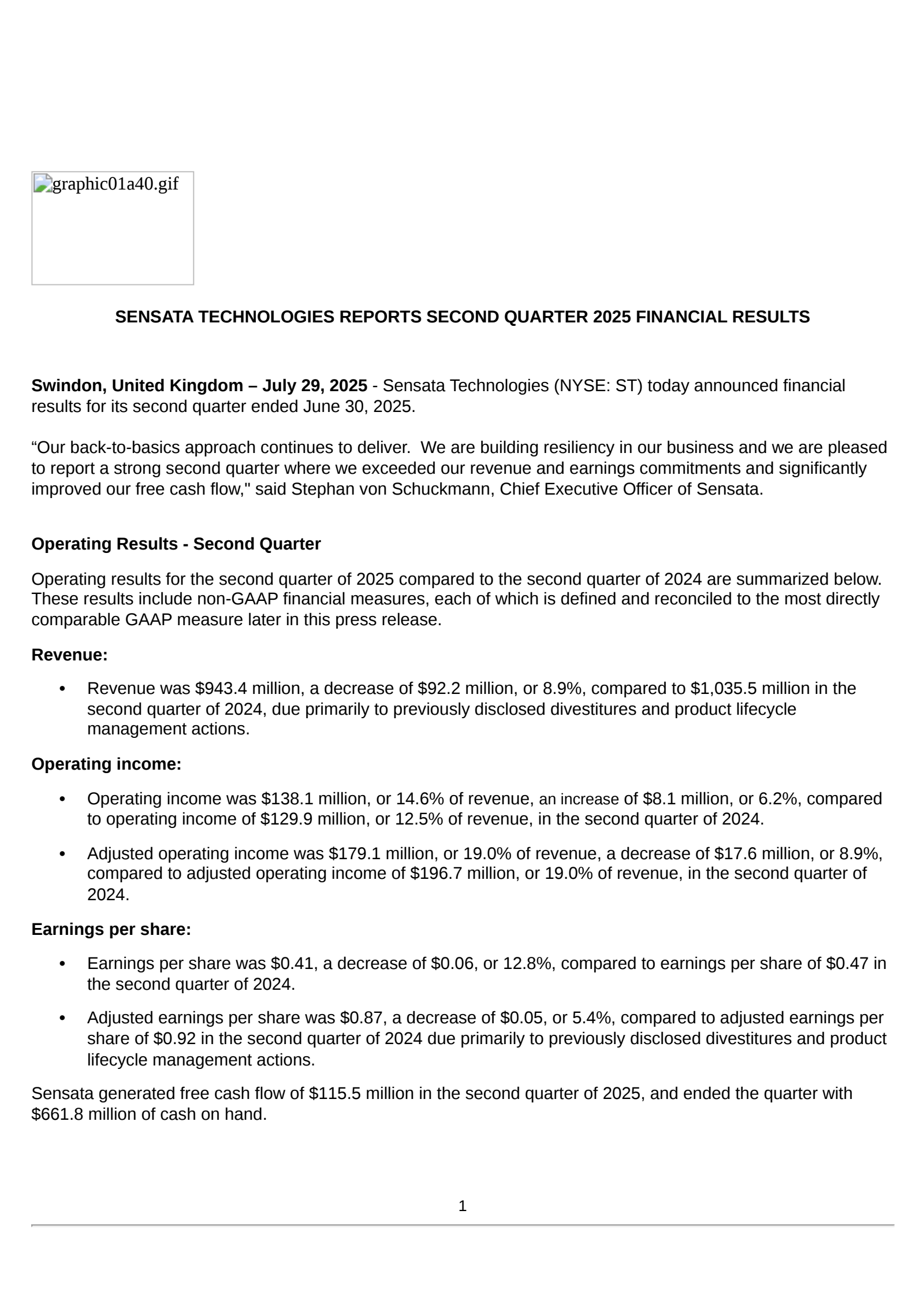 Sensata Technologies' Q2 2025 Press Release