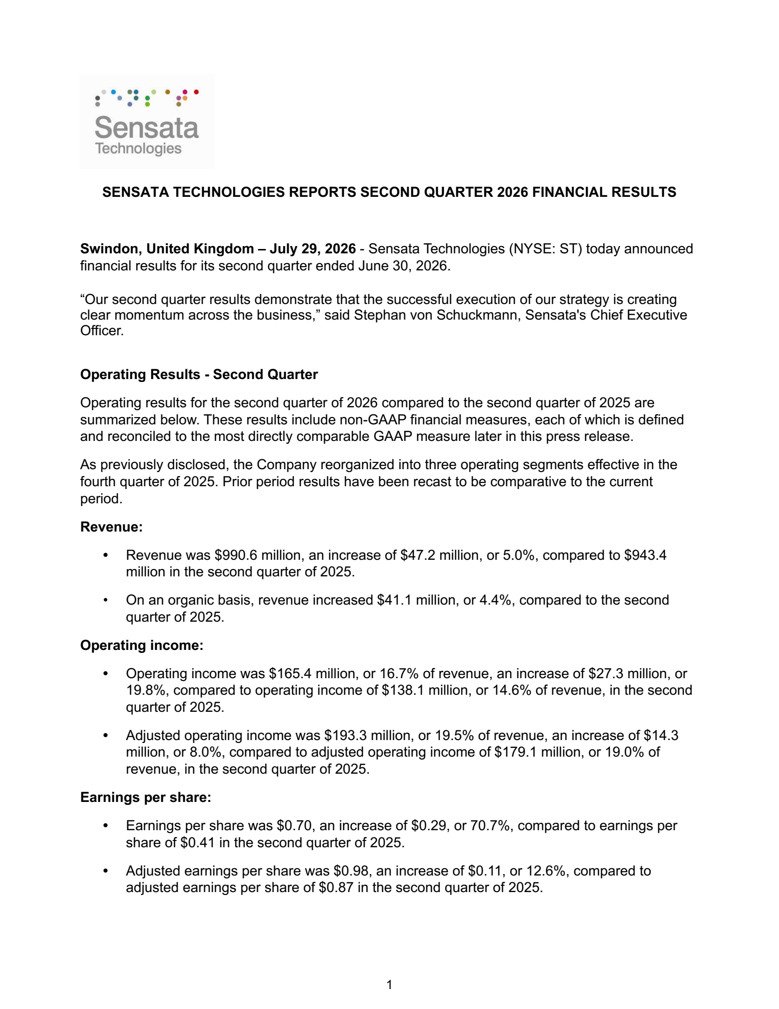 Sensata Technologies' Q2 2026 Press Release