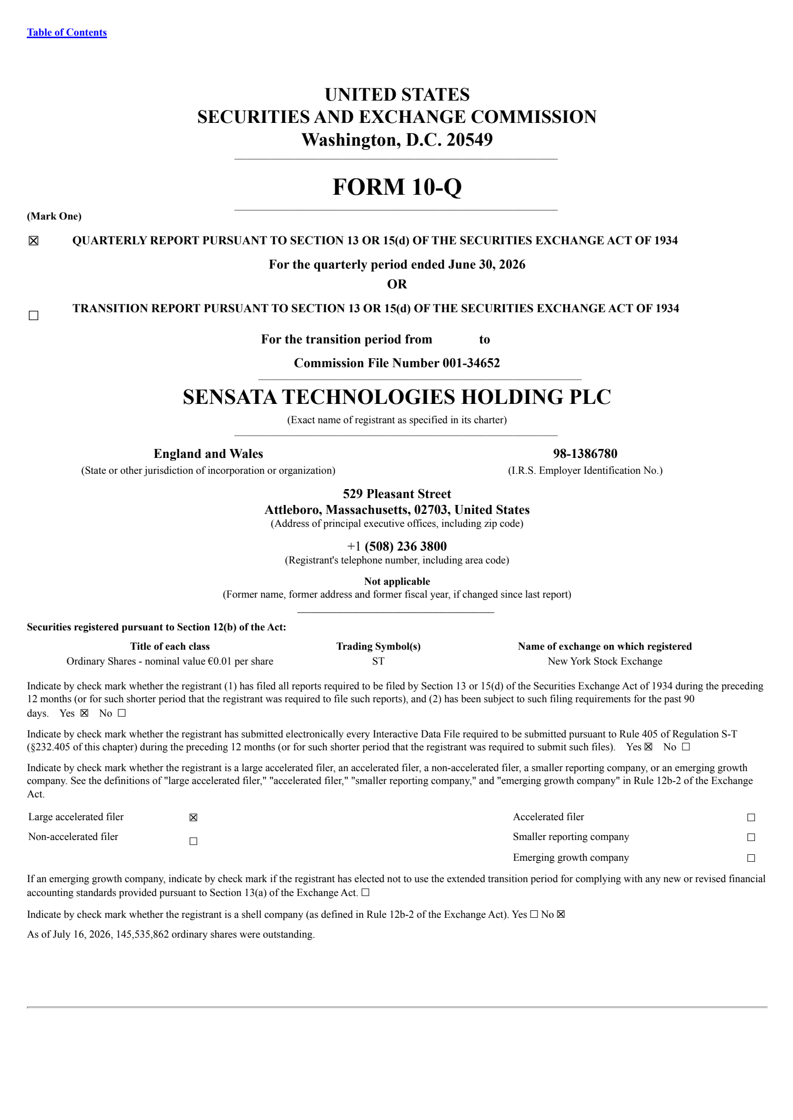 Sensata Technologies' Q2 2026 Quarterly report
