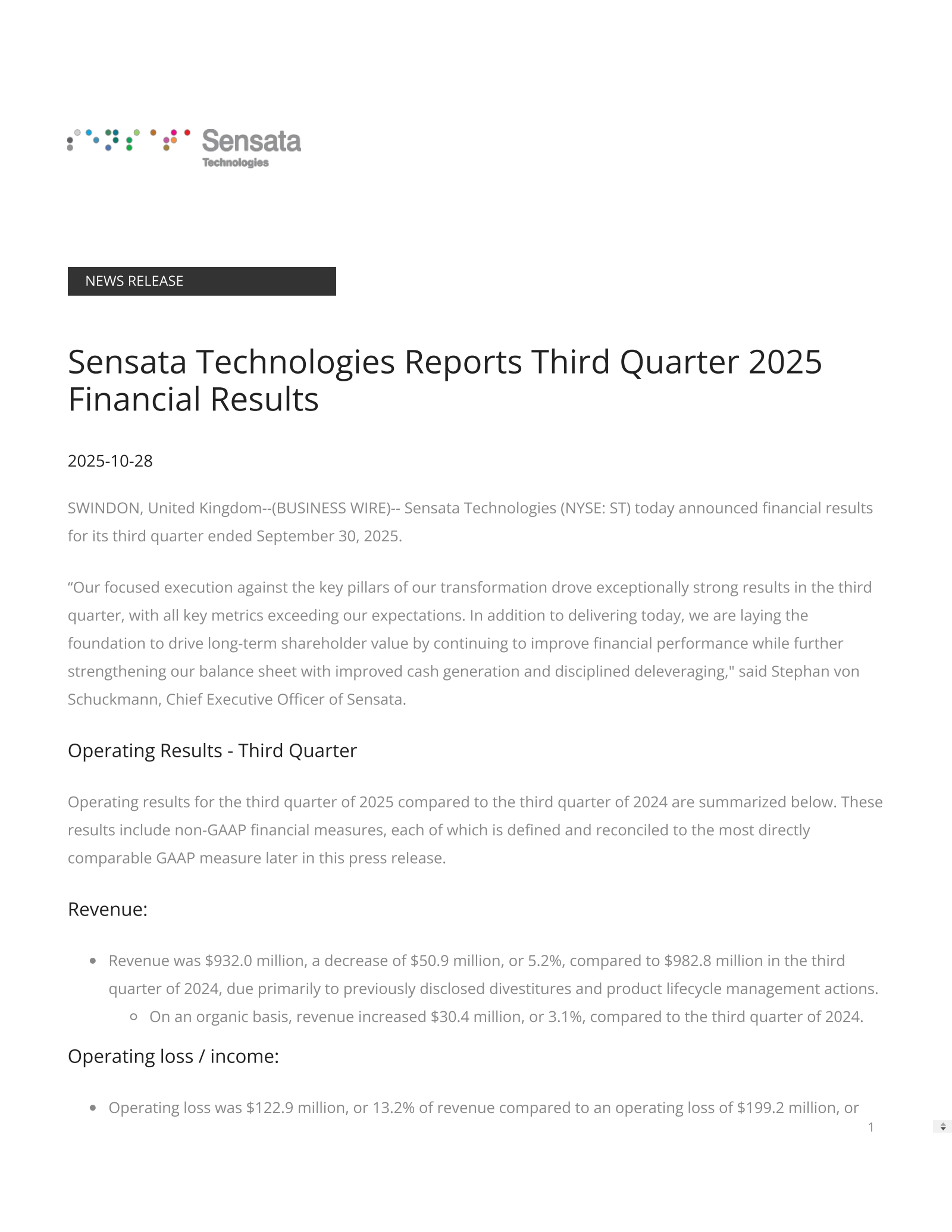 Sensata Technologies' Q3 2025 Earnings Release