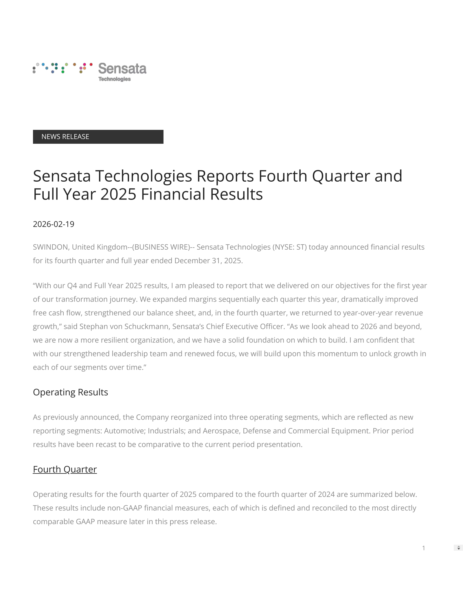 Sensata Technologies' Q4 2025 Press Release