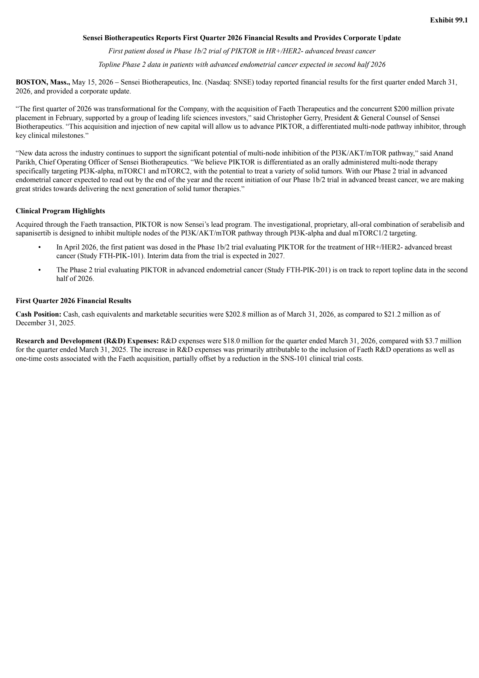 Sensei Biotherapeutics' Q1 2026 Press Release