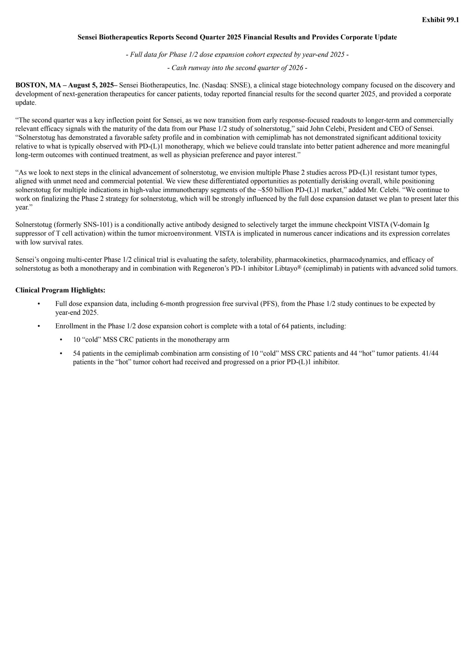 Sensei Biotherapeutics' Q2 2025 Press Release