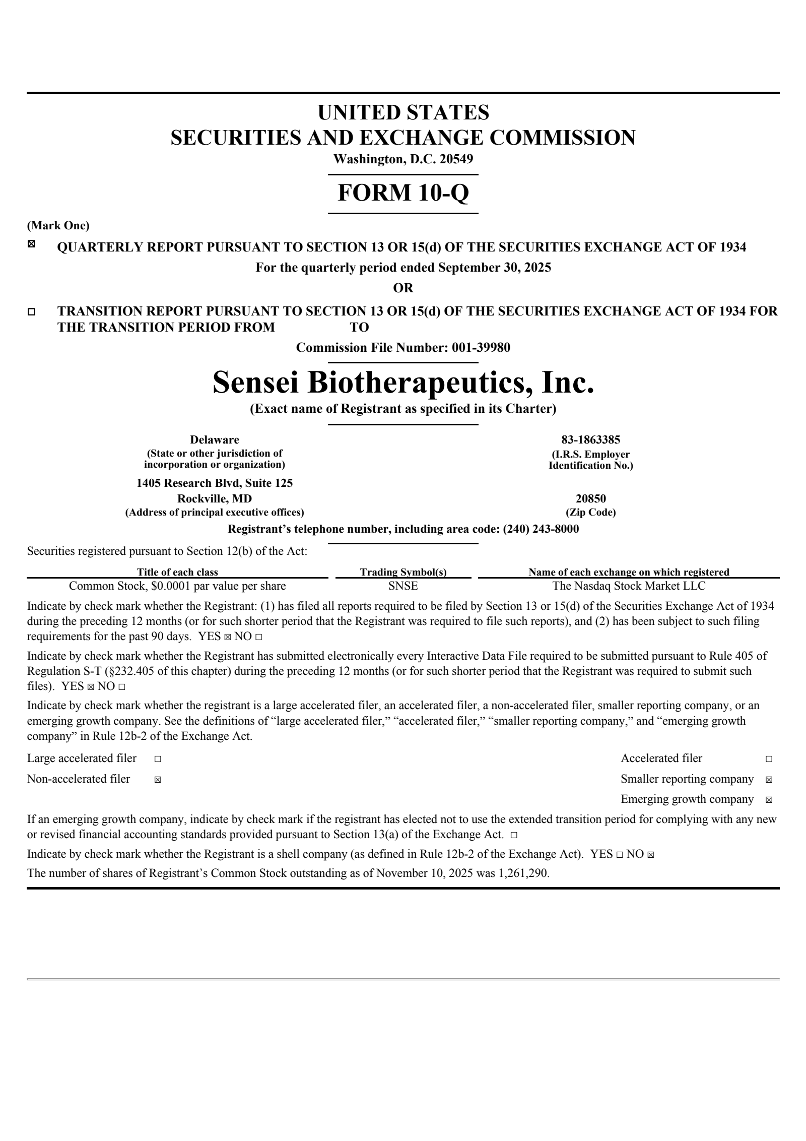 Sensei Biotherapeutics' Q3 2025 Quarterly Report