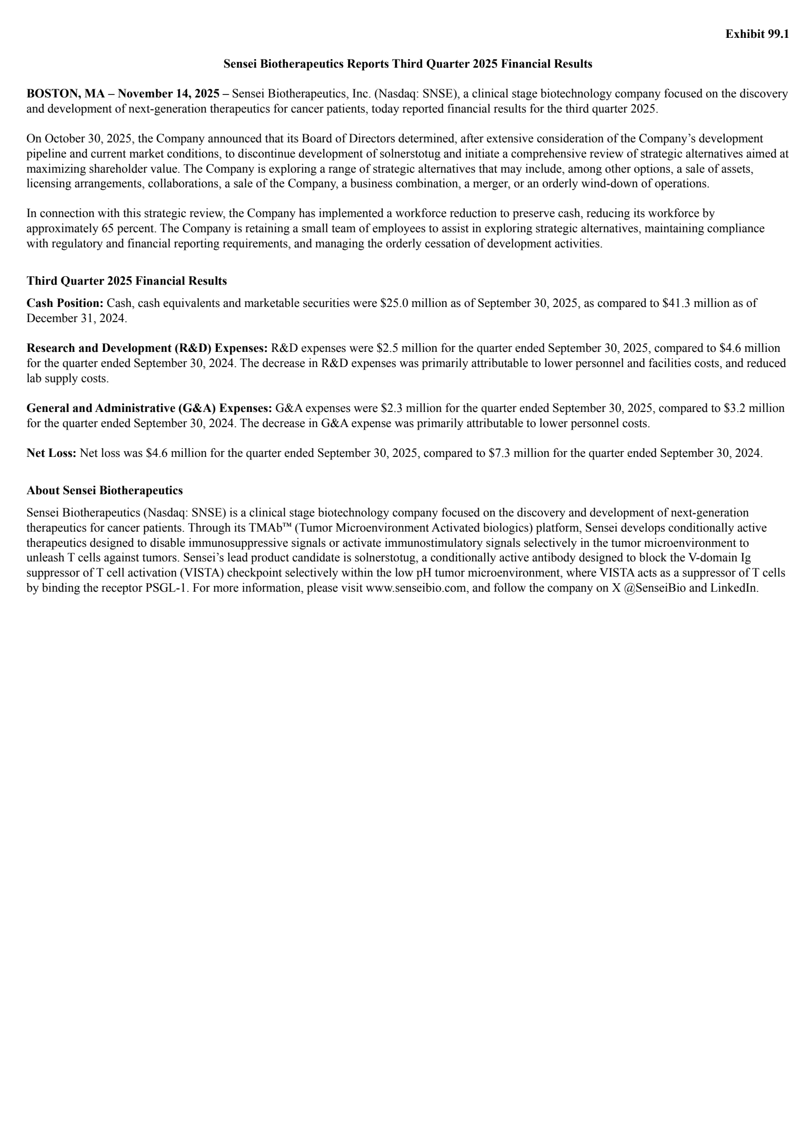 Sensei Biotherapeutics' Q3 2025 Earnings Release