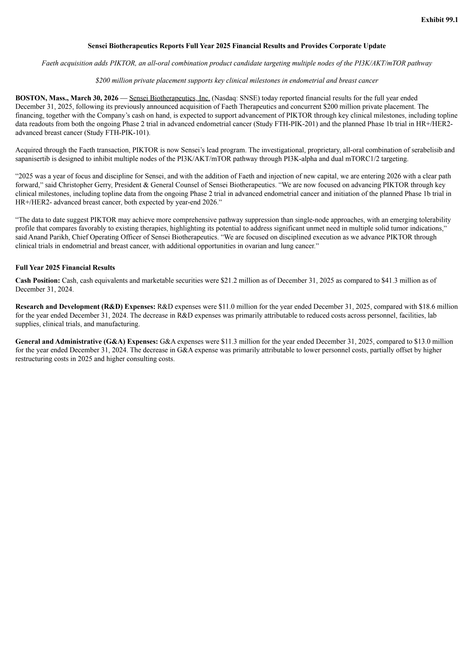 Sensei Biotherapeutics' Q4 2025 Press Release