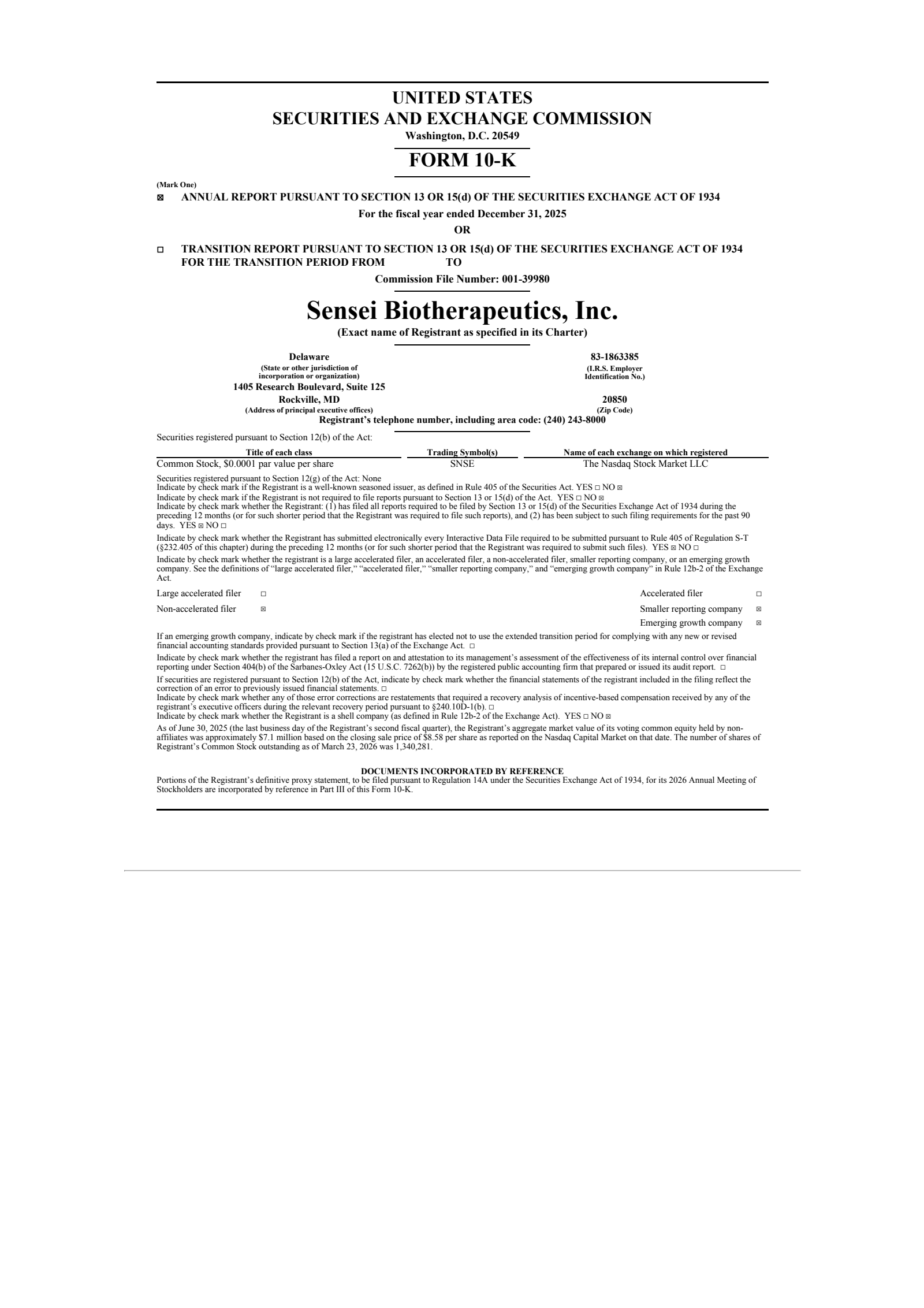 Sensei Biotherapeutics' Q4 2025 Annual report