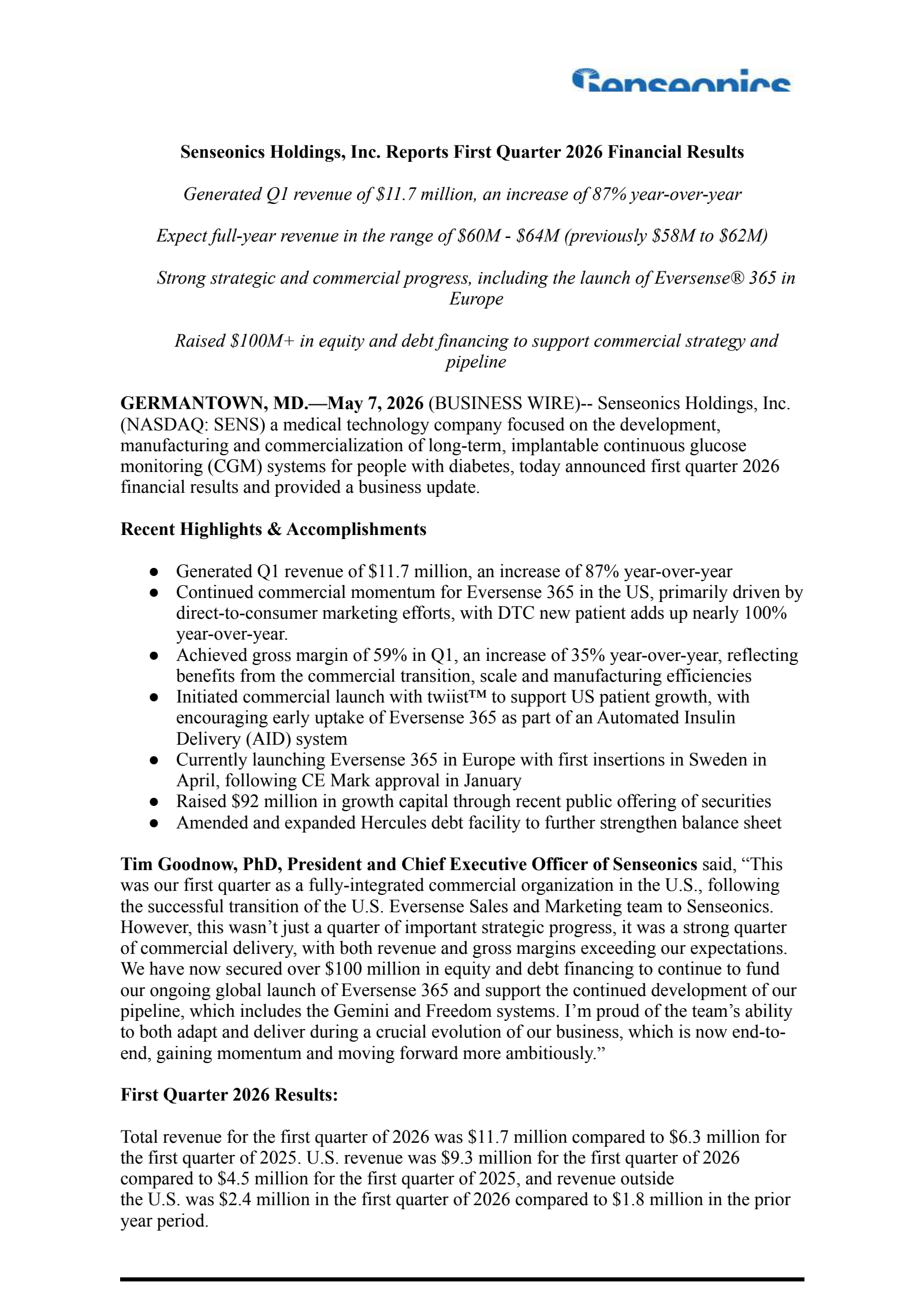 Senseonics Holdings, Inc. Common Stock's Q1 2026 Press Release