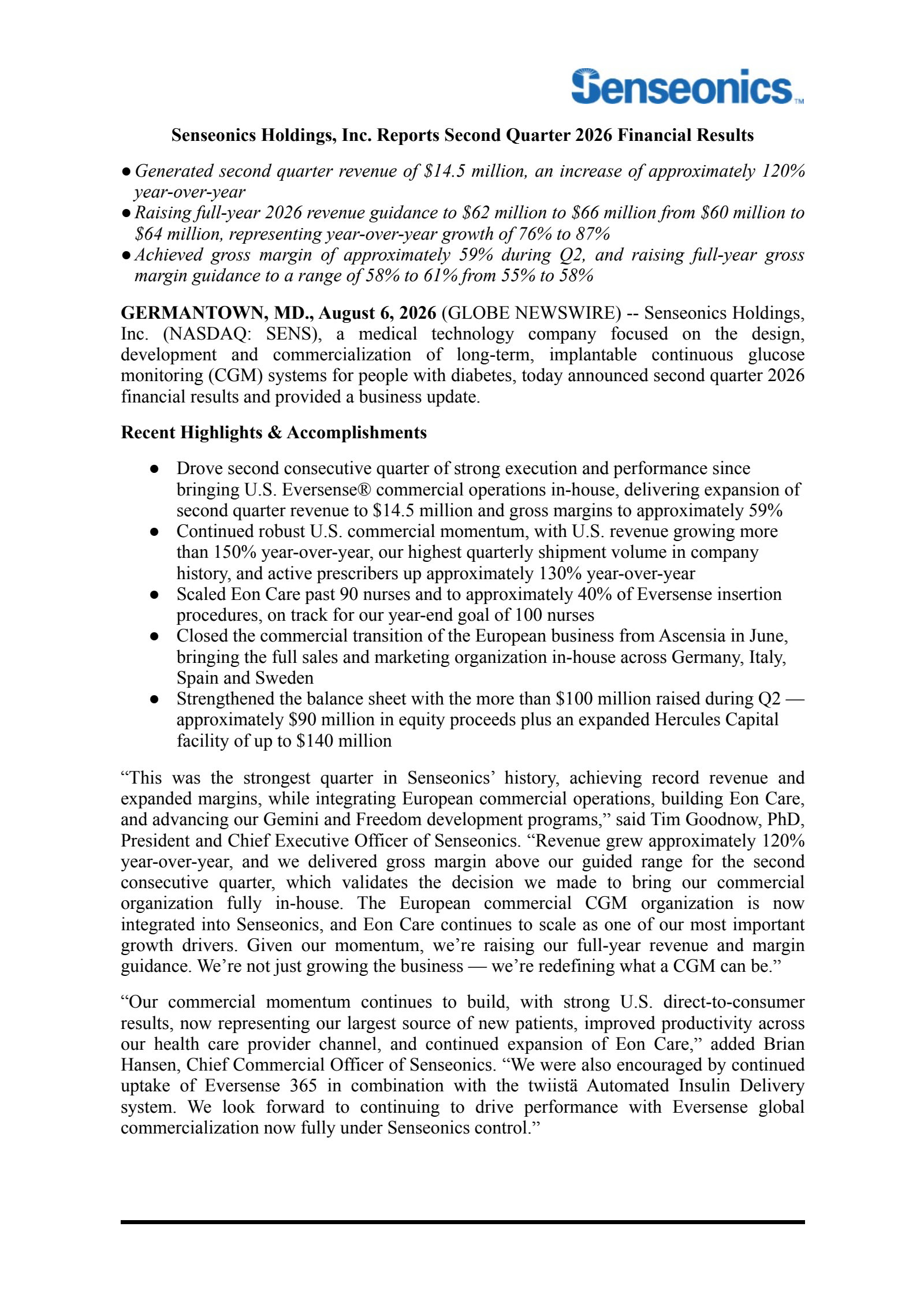Senseonics Holdings, Inc. Common Stock's Q2 2026 Press Release