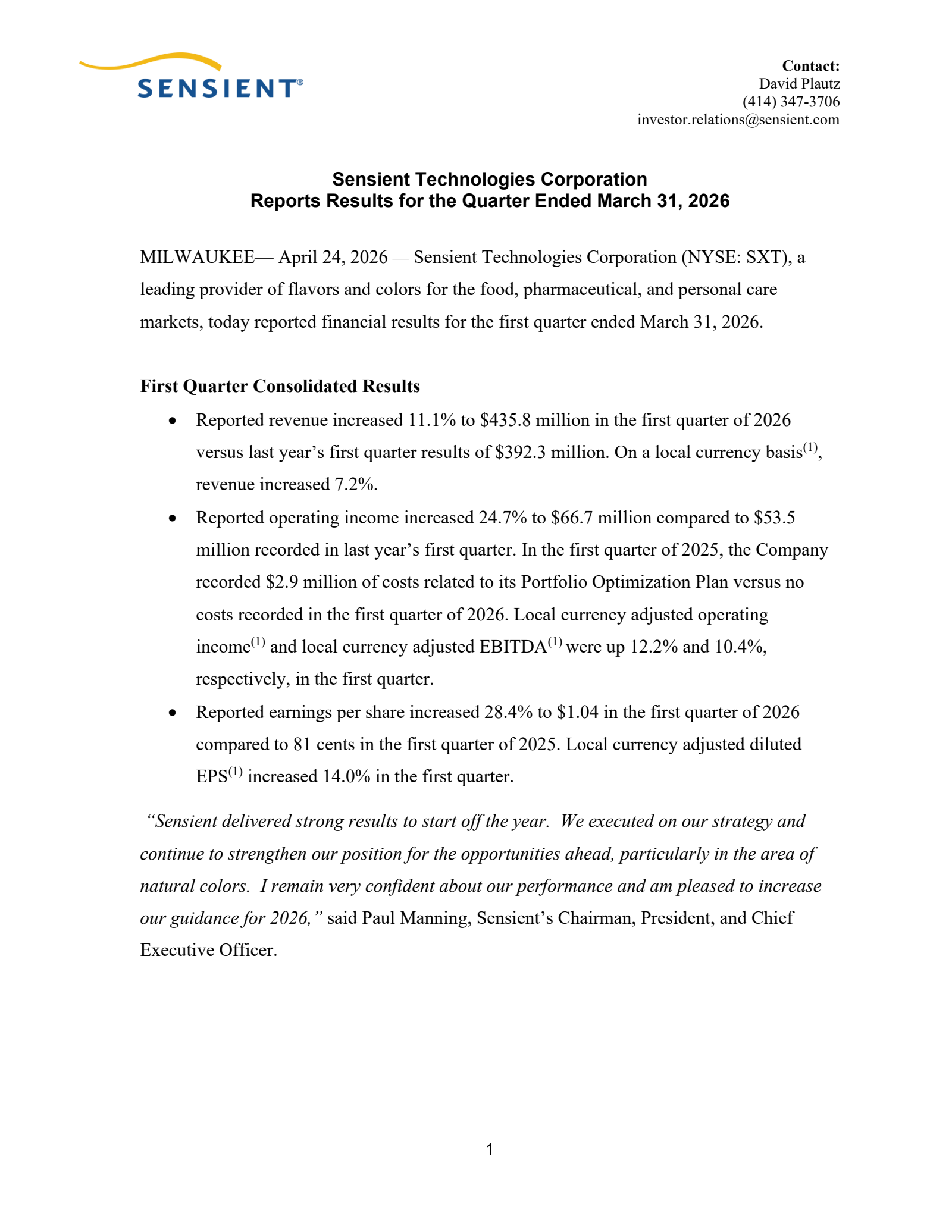 Sensient Technologies' Q1 2026 Press Release