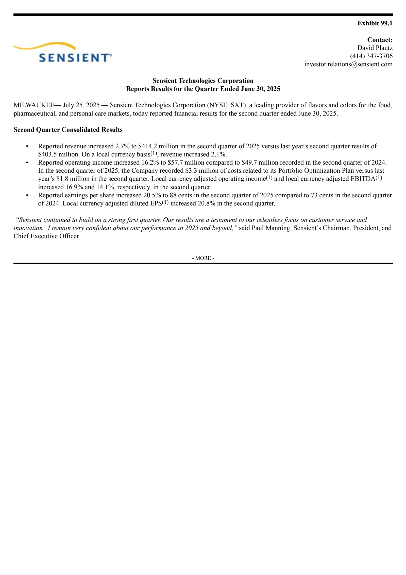 Sensient Technologies' Q2 2025 Press Release