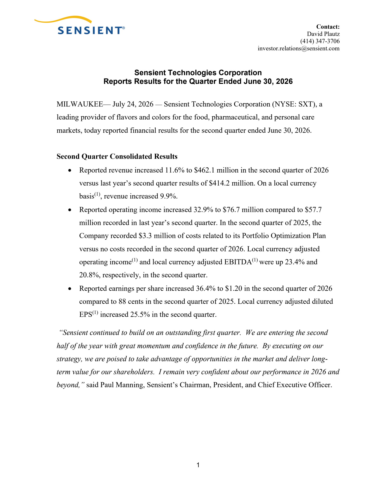 Sensient Technologies' Q2 2026 Press Release