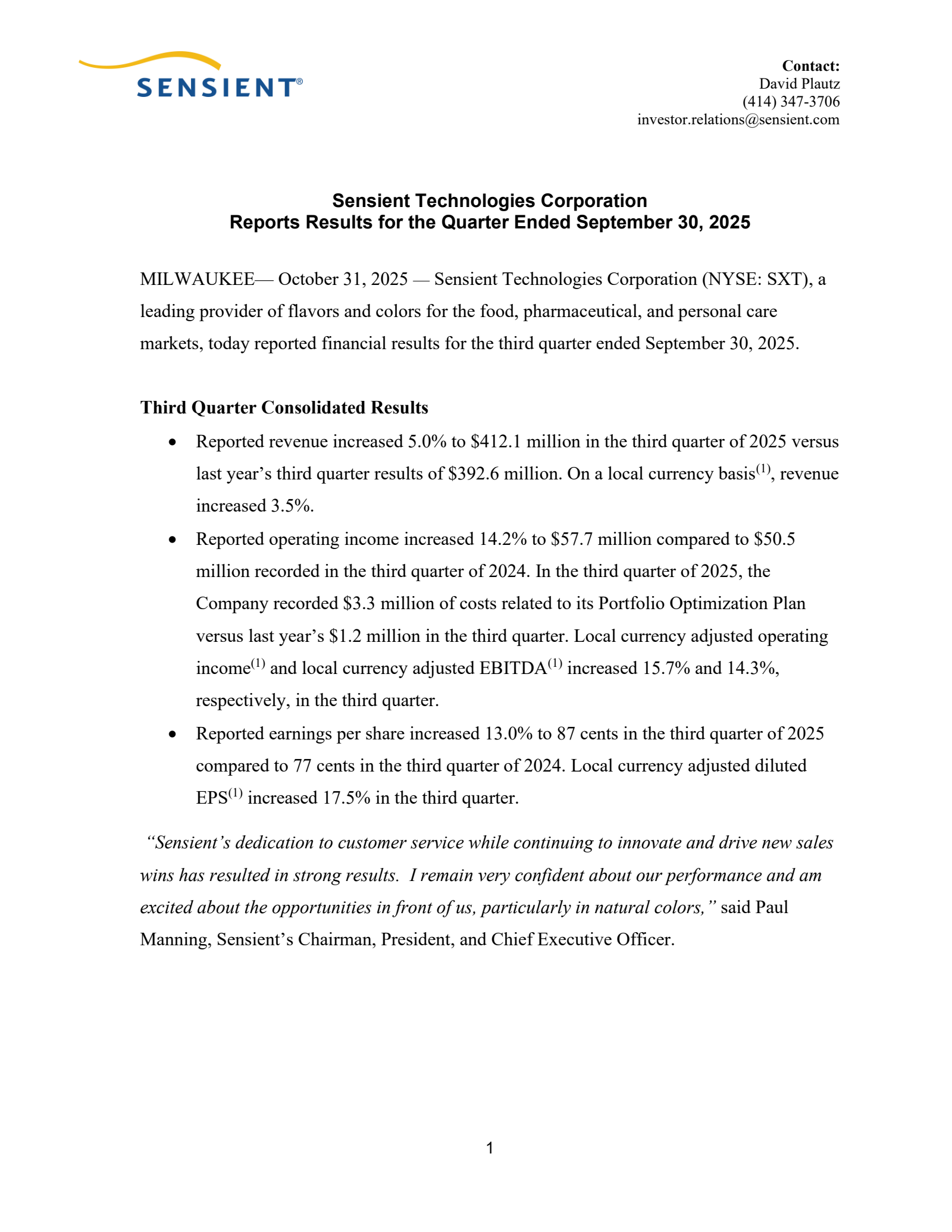 Sensient Technologies' Q3 2025 Earnings Release