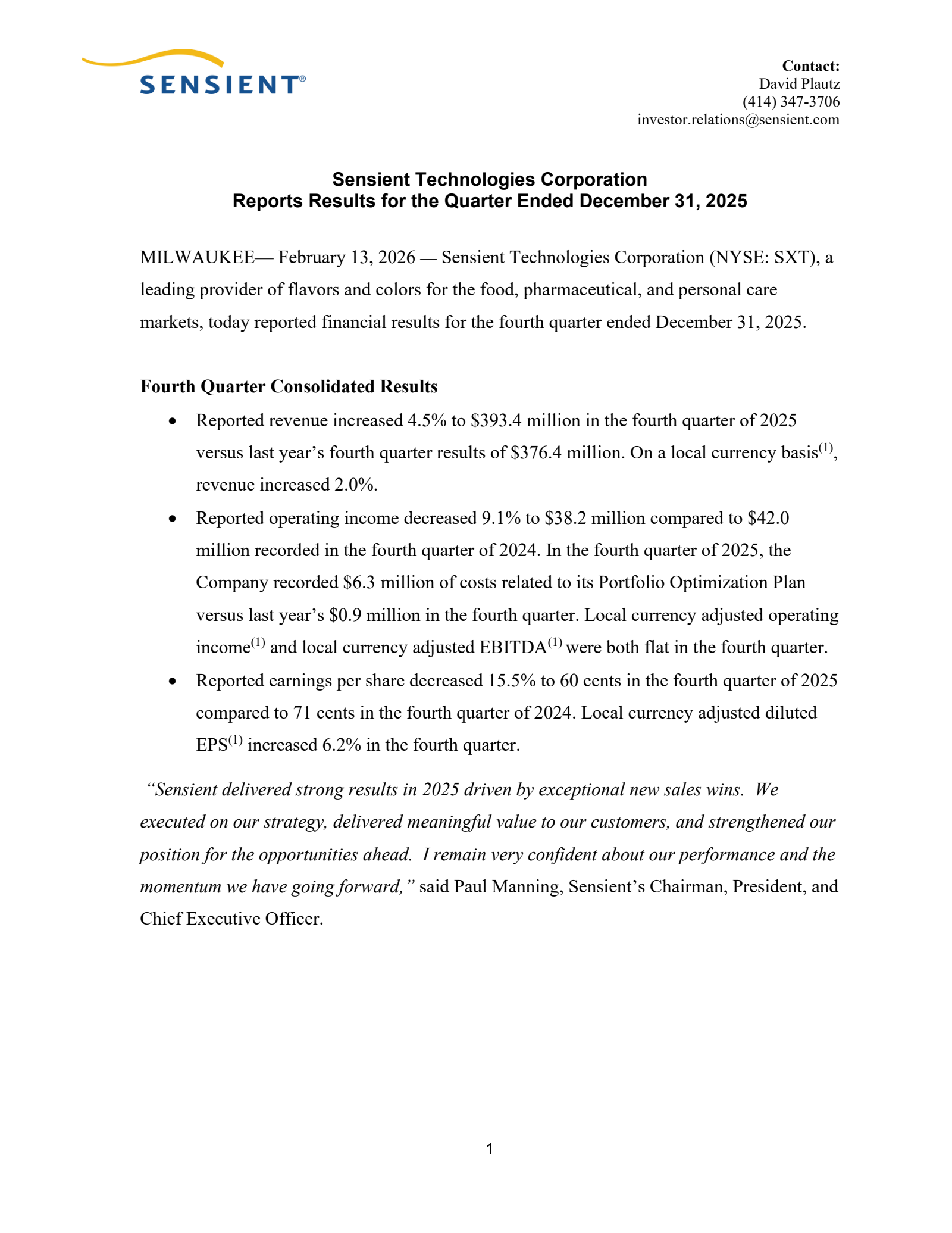 Sensient Technologies' Q4 2025 Press Release