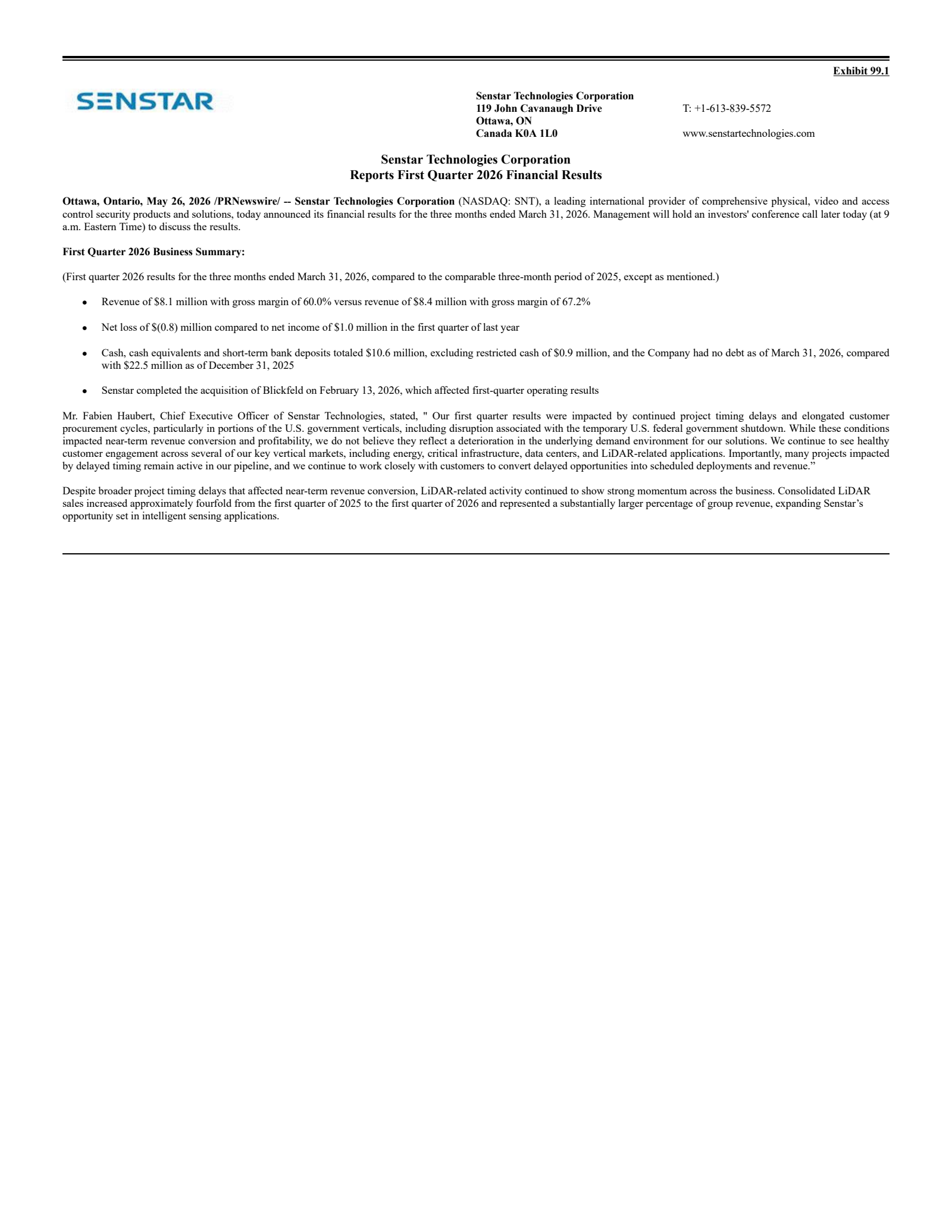 Senstar Technologies' Q1 2026 Press Release