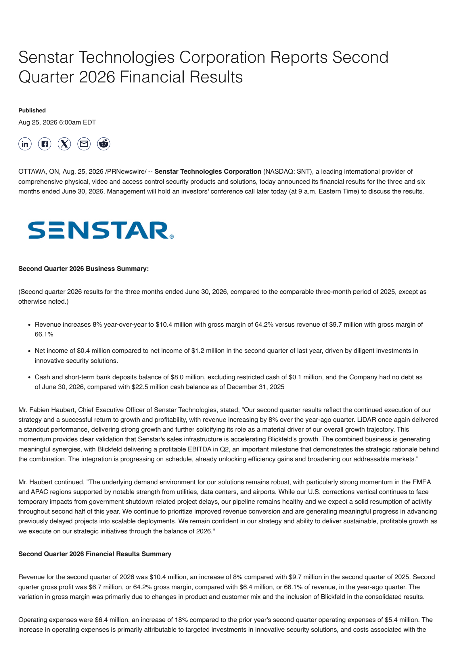 Senstar Technologies' Q2 2026 Press Release