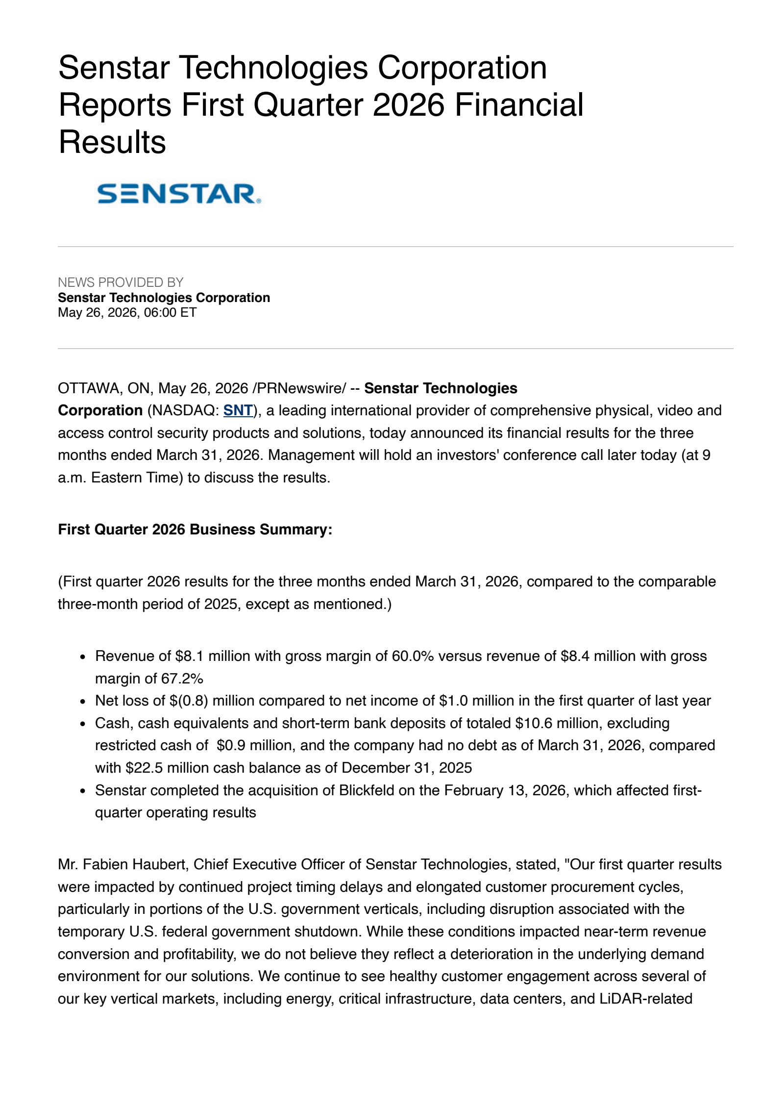 Senstar Technologies' Q1 2026 Press Release
