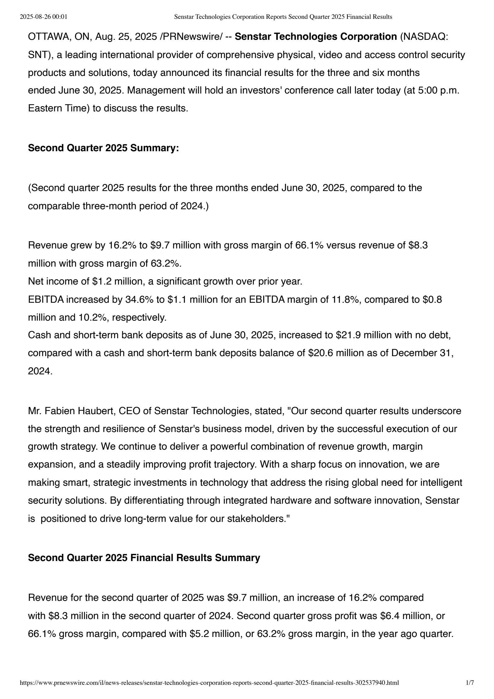 Senstar Technologies' Q2 2025 Press Release