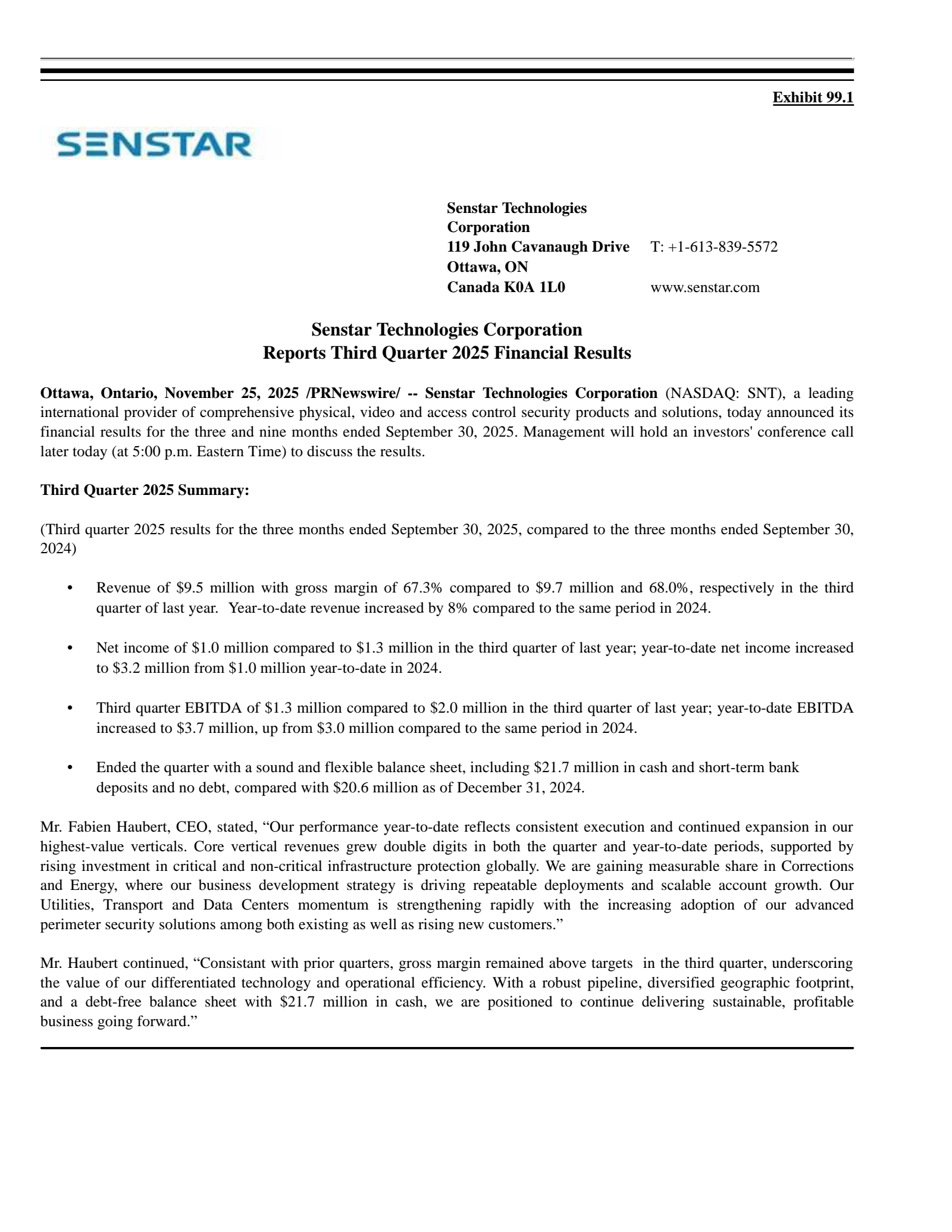Senstar Technologies' Q3 2025 Earnings Release