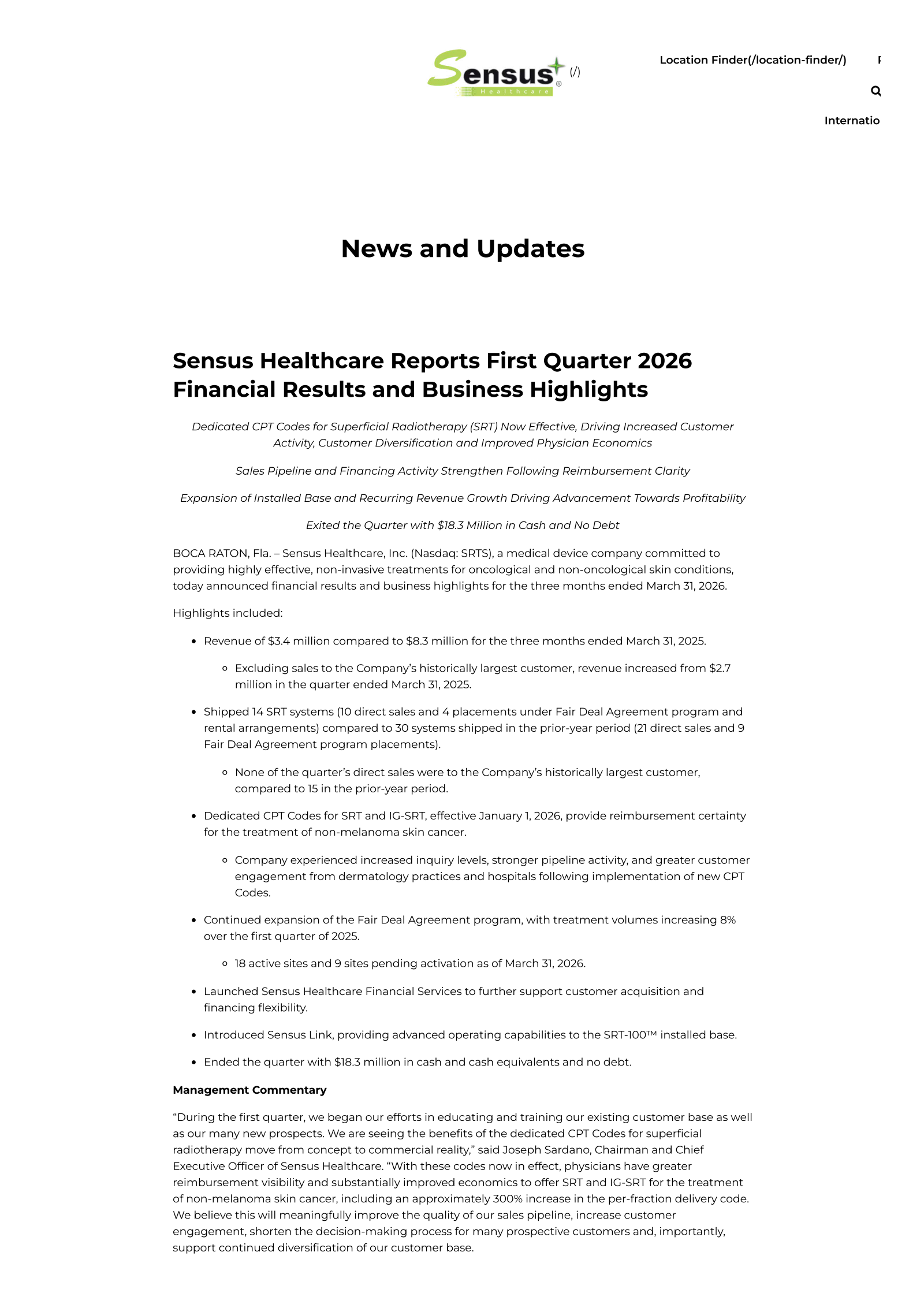 Sensus Healthcare's Q1 2026 Press Release