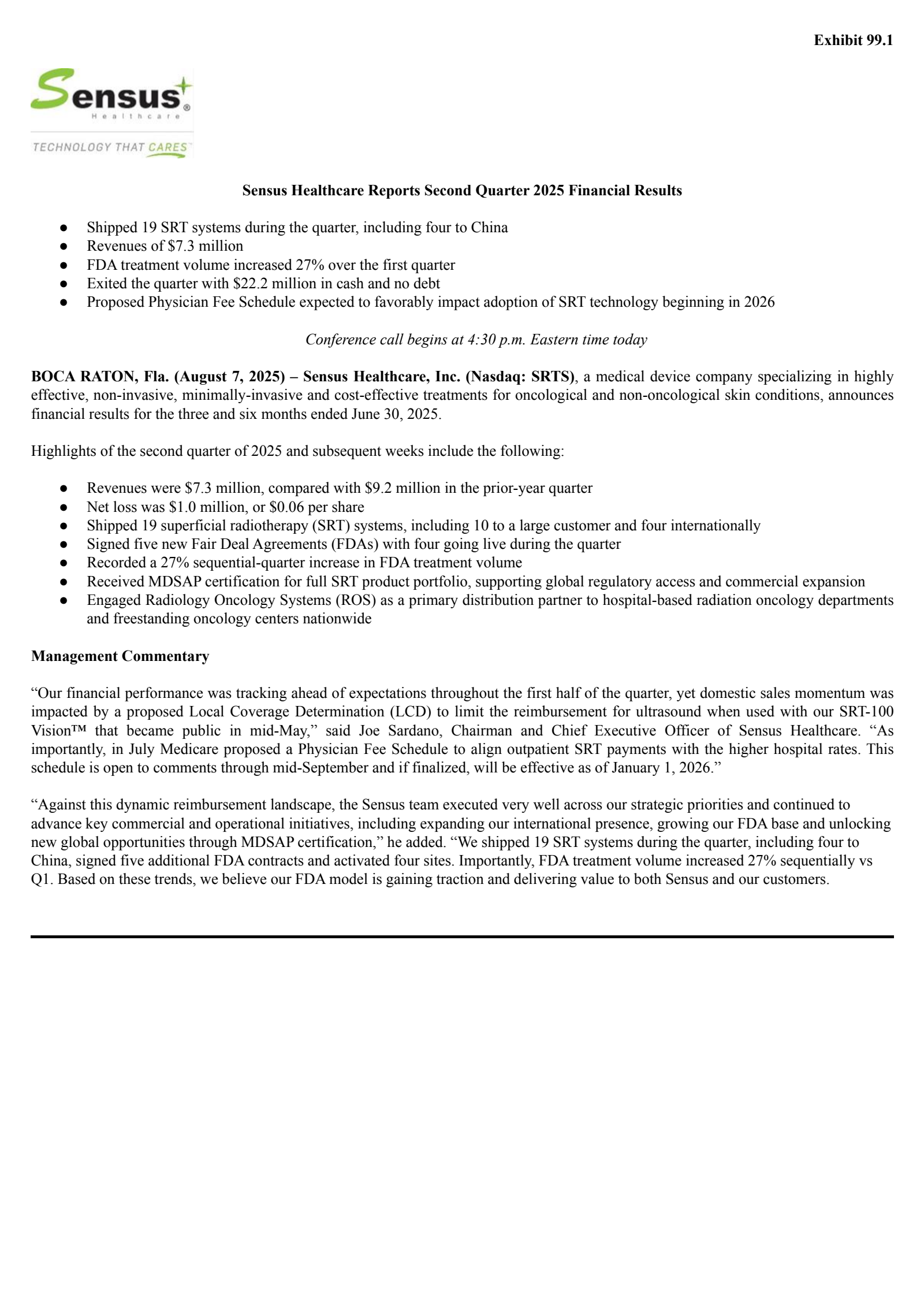 Sensus Healthcare's Q2 2025 Press Release