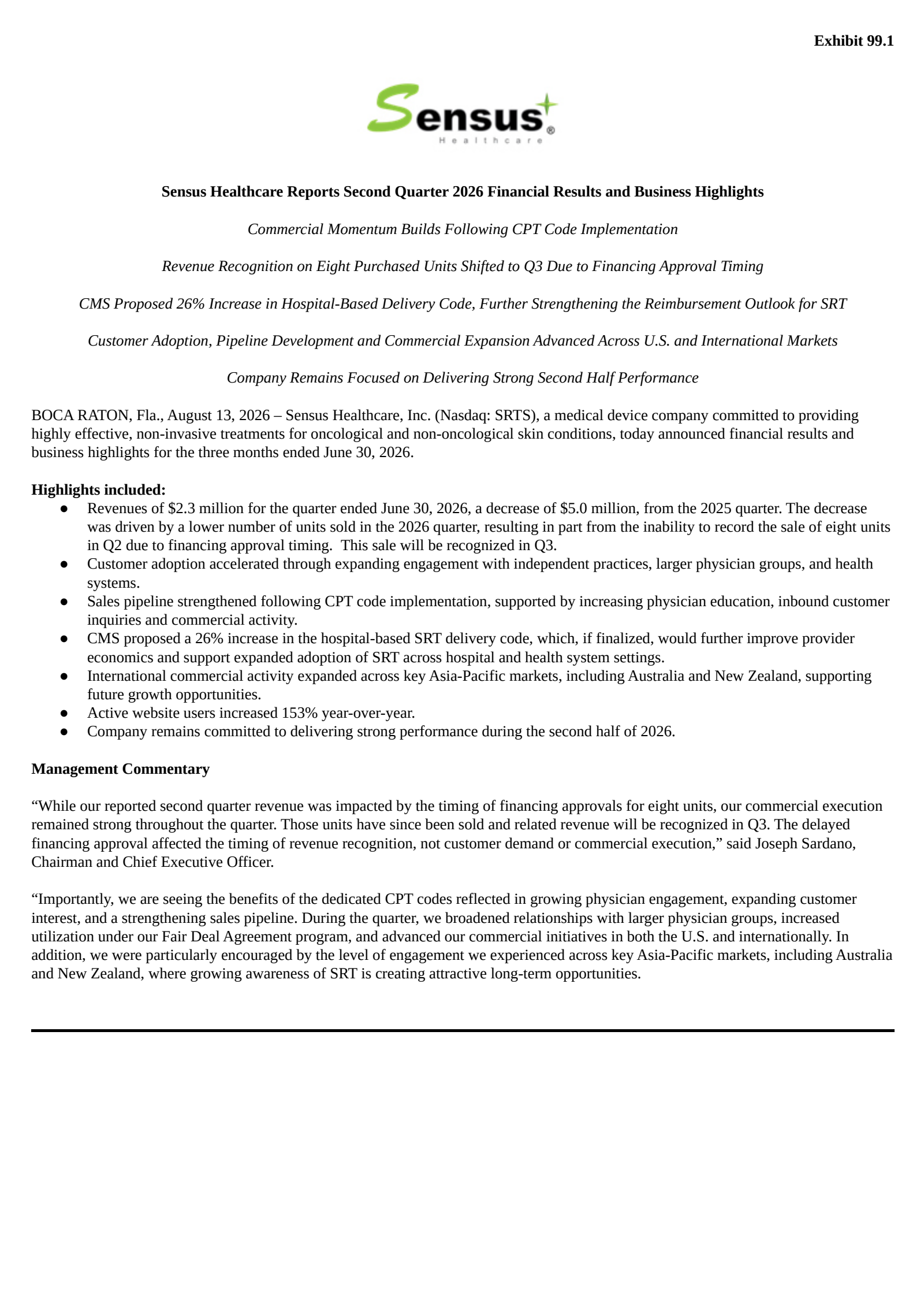 Sensus Healthcare's Q2 2026 Press Release