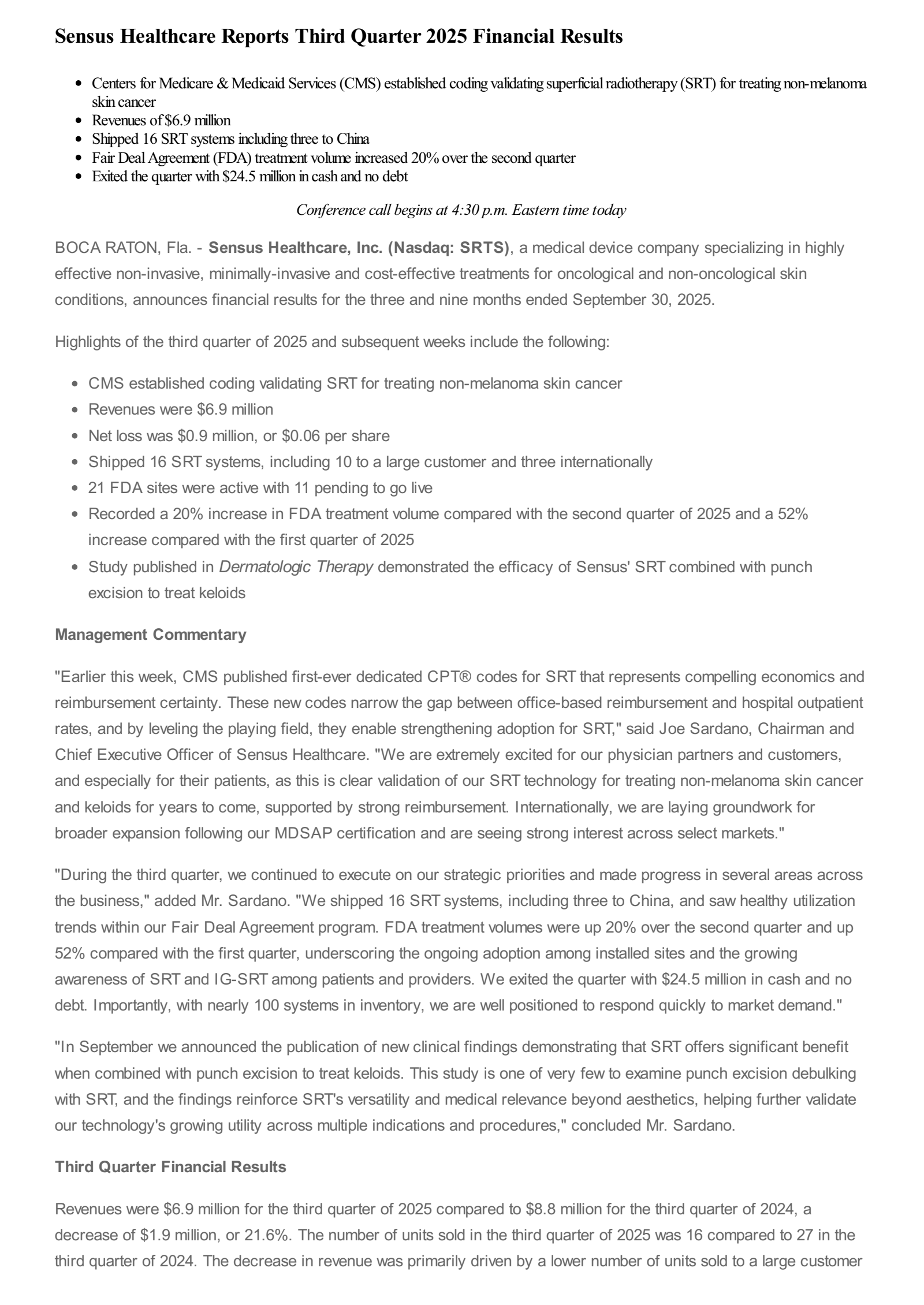 Sensus Healthcare's Q3 2025 Earnings Release