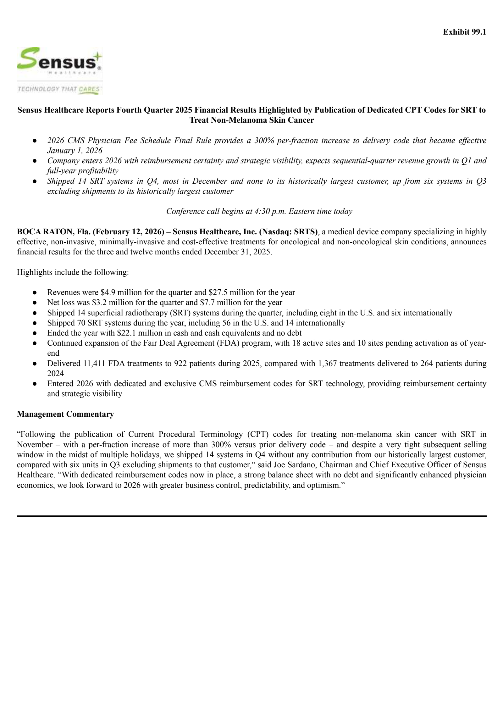 Sensus Healthcare's Q4 2025 Press Release
