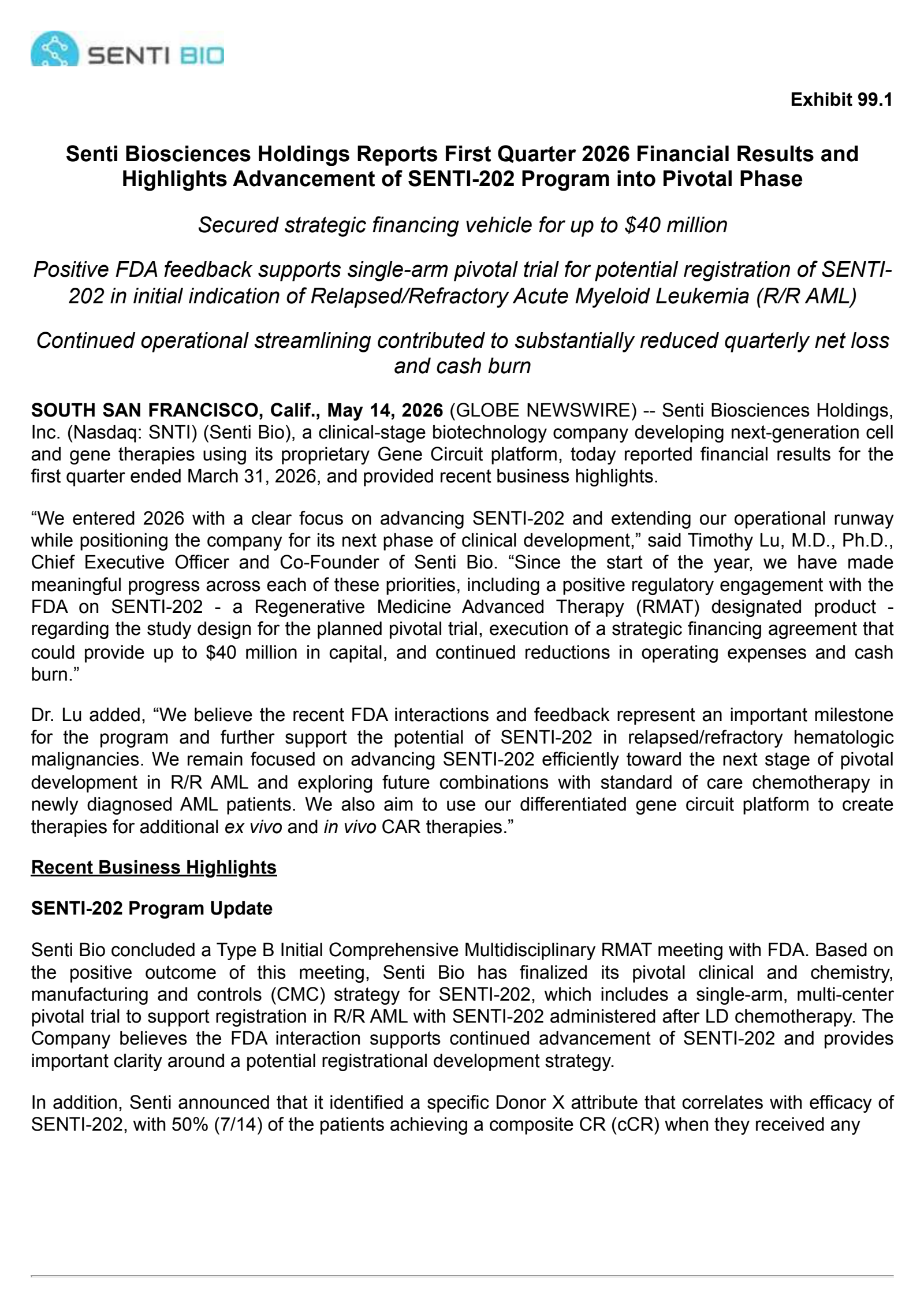 Senti Biosciences' Q1 2026 Press Release