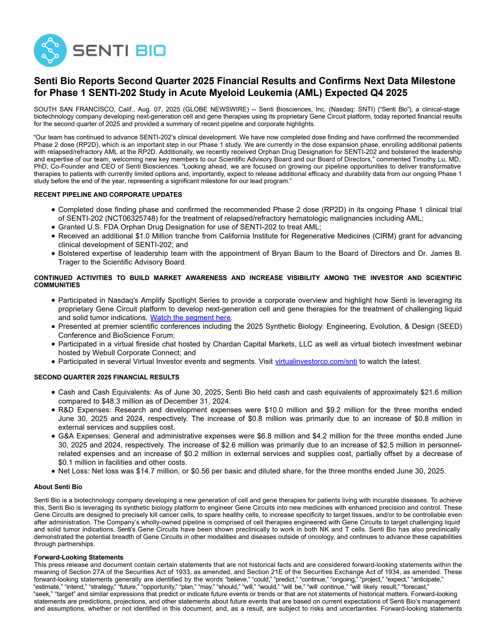 Senti Biosciences' Q2 2025 Press Release