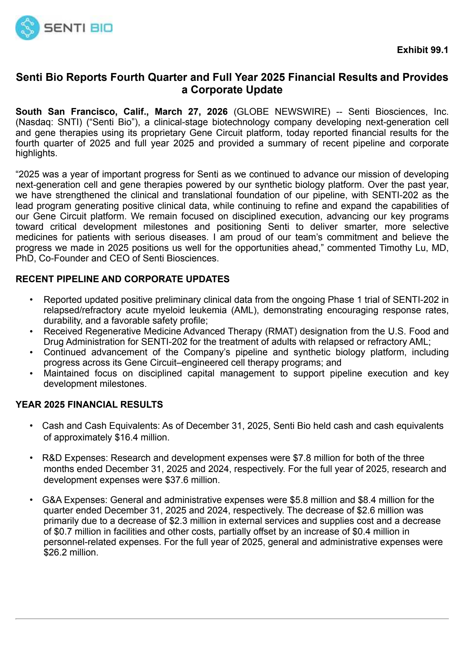 Senti Biosciences' Q4 2025 Press Release