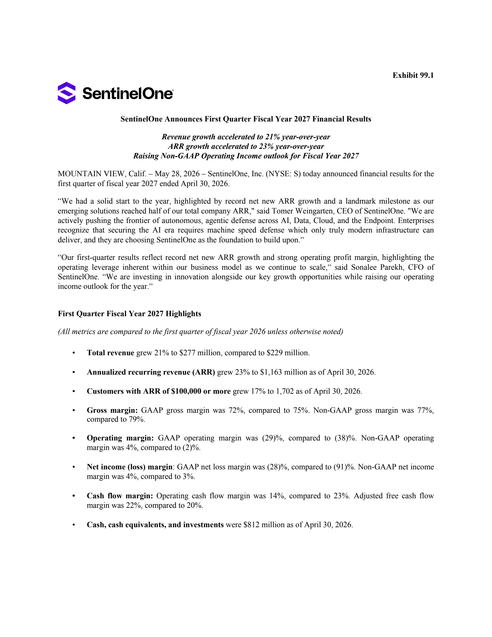 SentinelOne's Q1 2027 Press Release