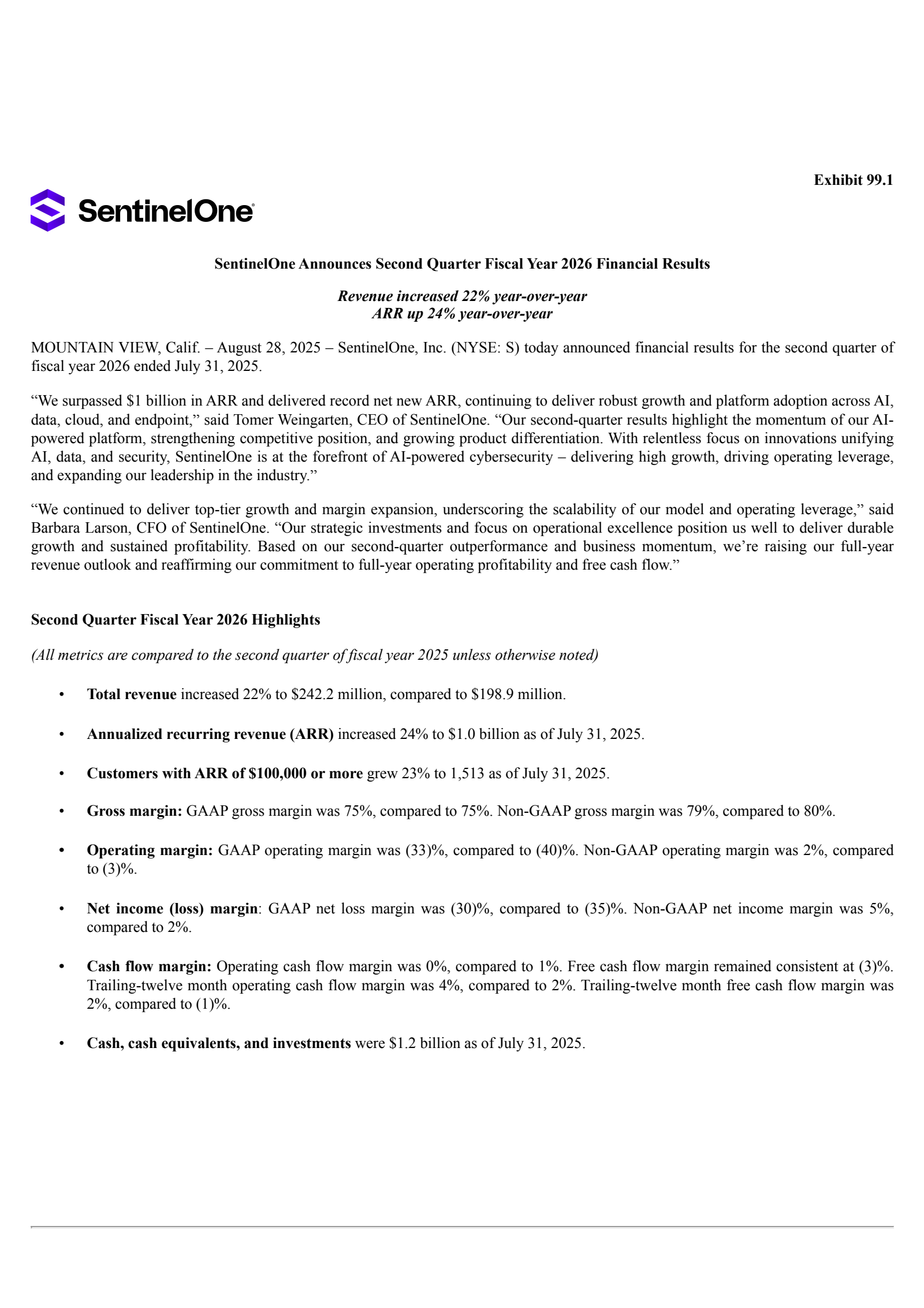 SentinelOne's Q2 2026 Press Release