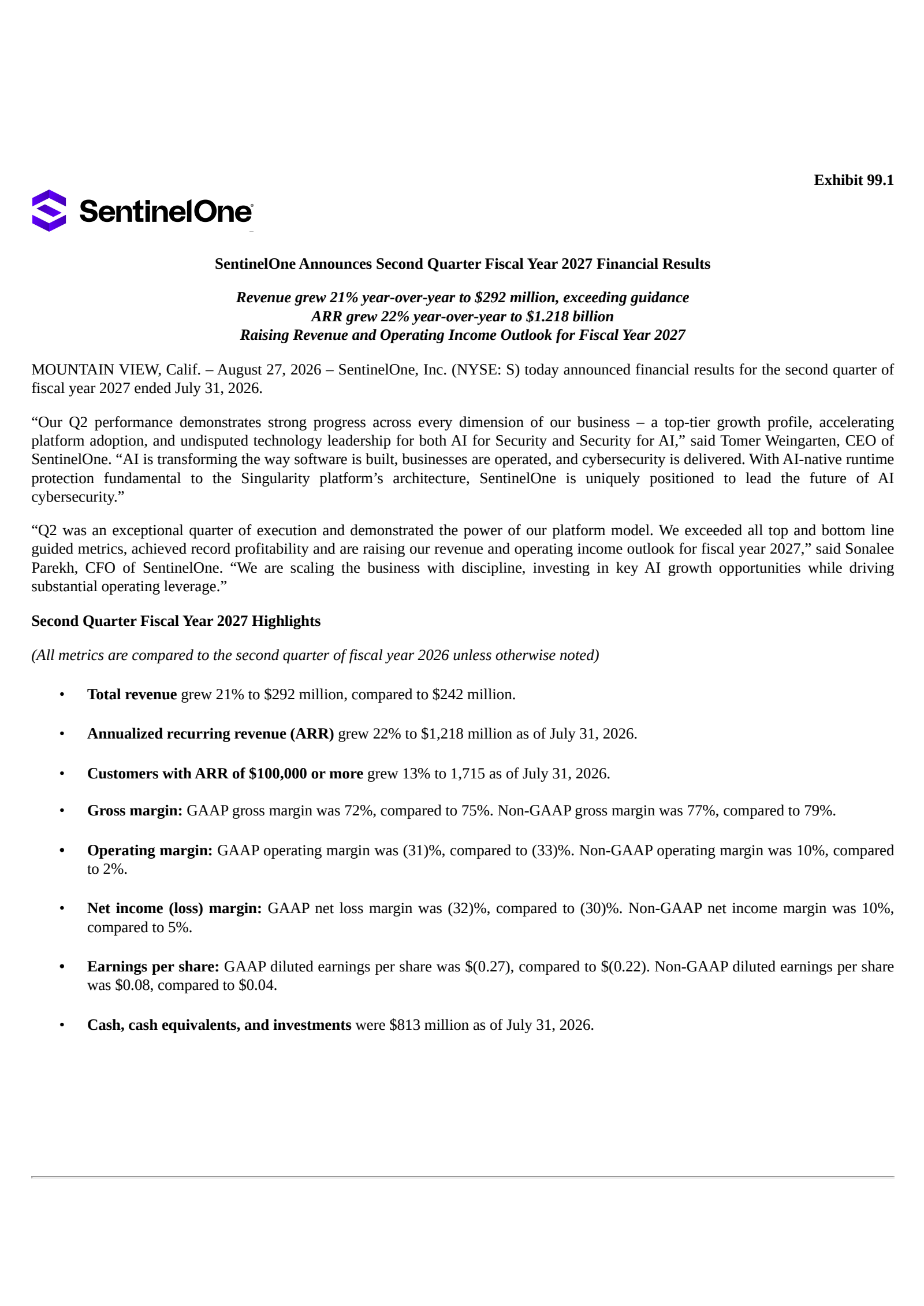 SentinelOne's Q2 2027 Press Release