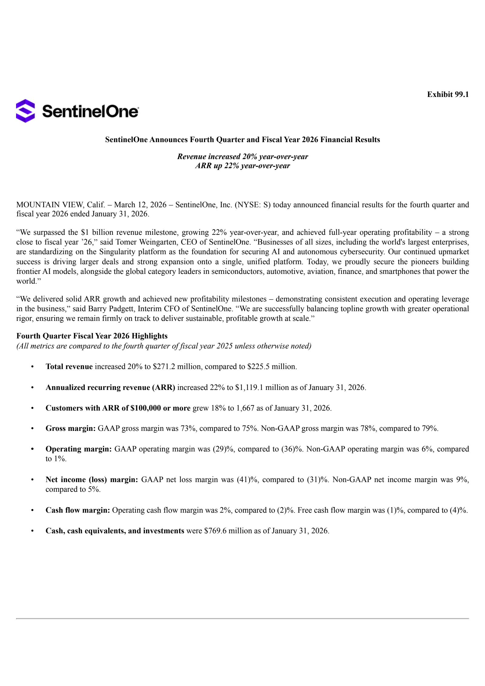 SentinelOne's Q4 2026 Press Release