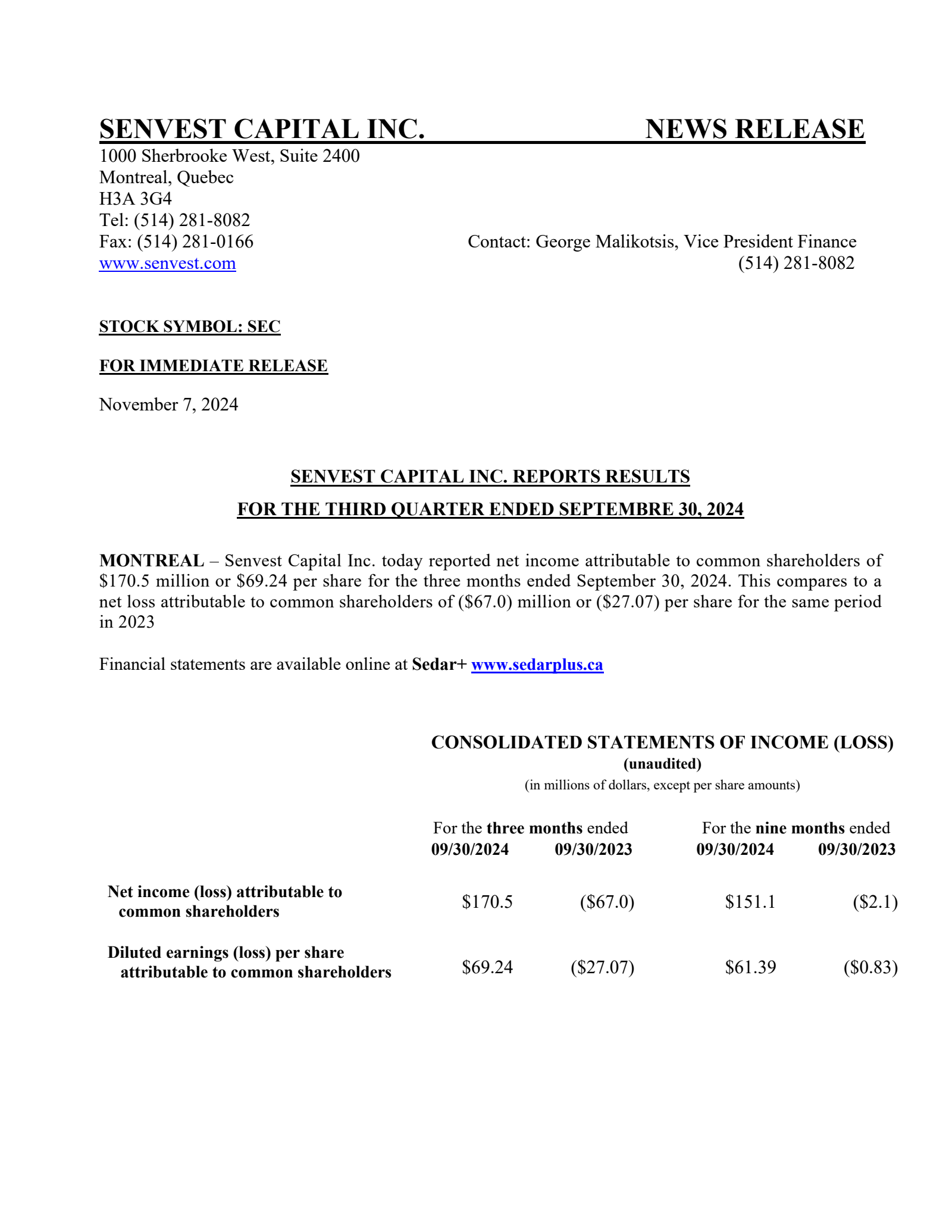 Senvest Capital's Q3 2024 Press Release