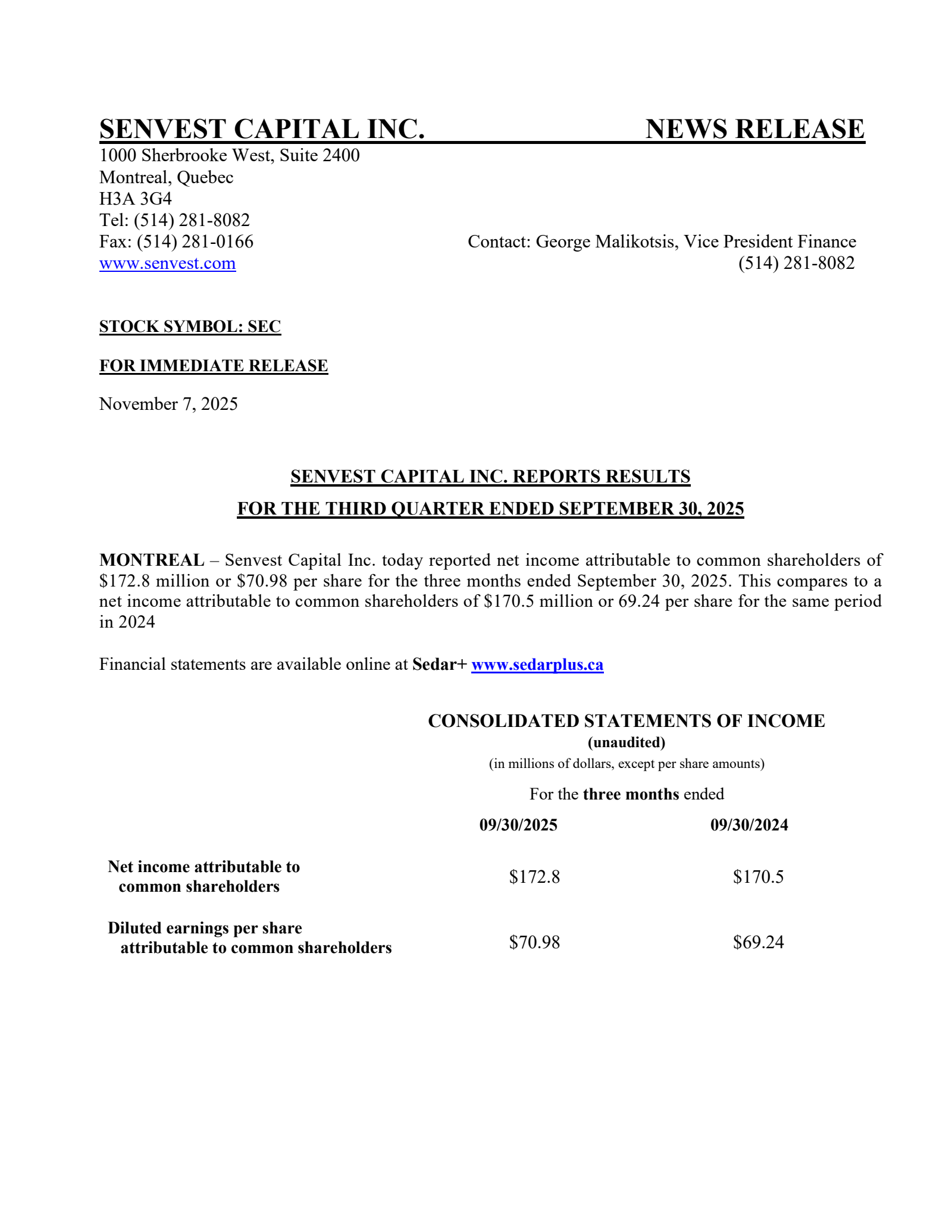 Senvest Capital's Q3 2025 Press Release
