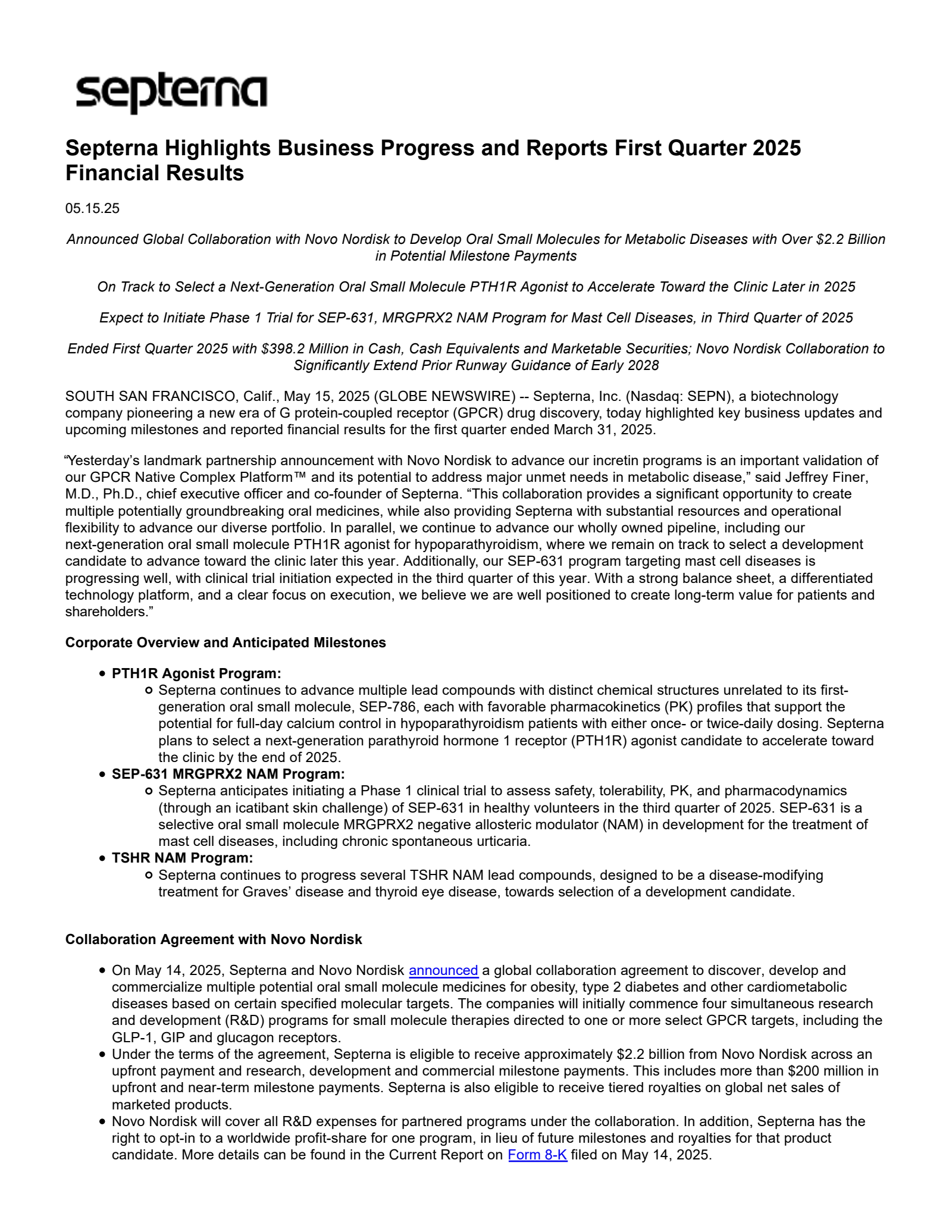 Septerna's Q1 2025 Press Release