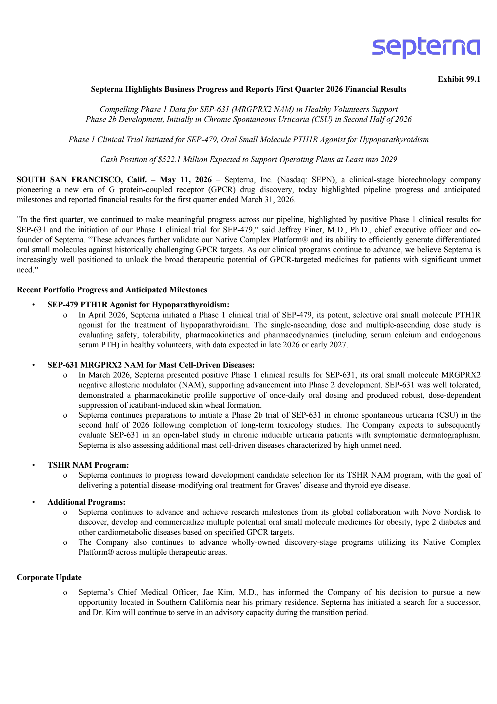Septerna's Q1 2026 Press Release
